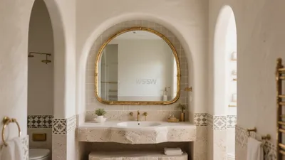 Luxury Bathroom with Arched Mirror and Gold Accent