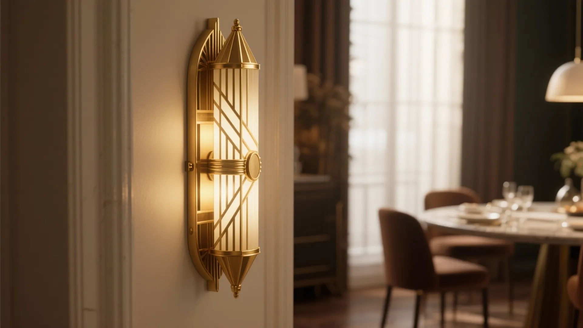 Close-up of brass Art Deco wall sconce in dining room