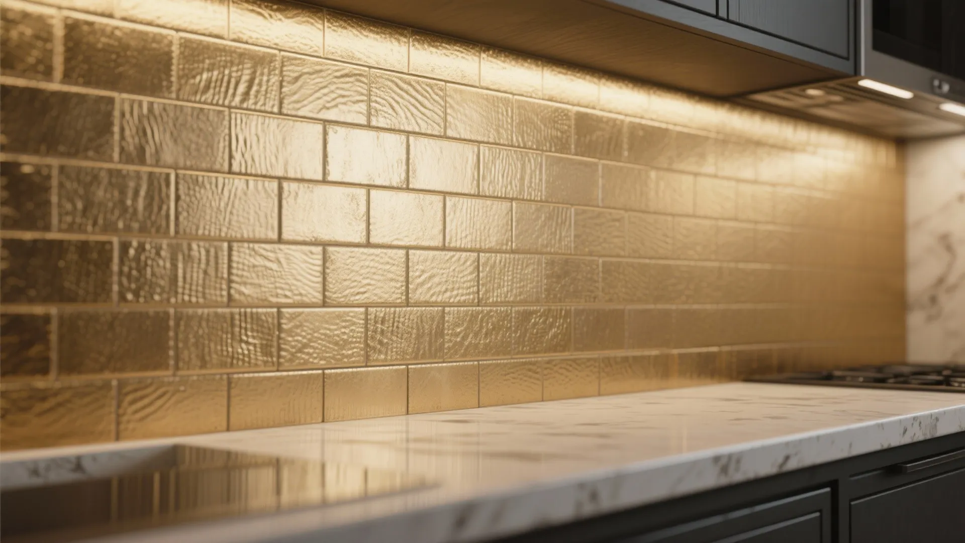 Modern kitchen with gold wall tiles white marble countertop dark wood cabinets and warm underlighting