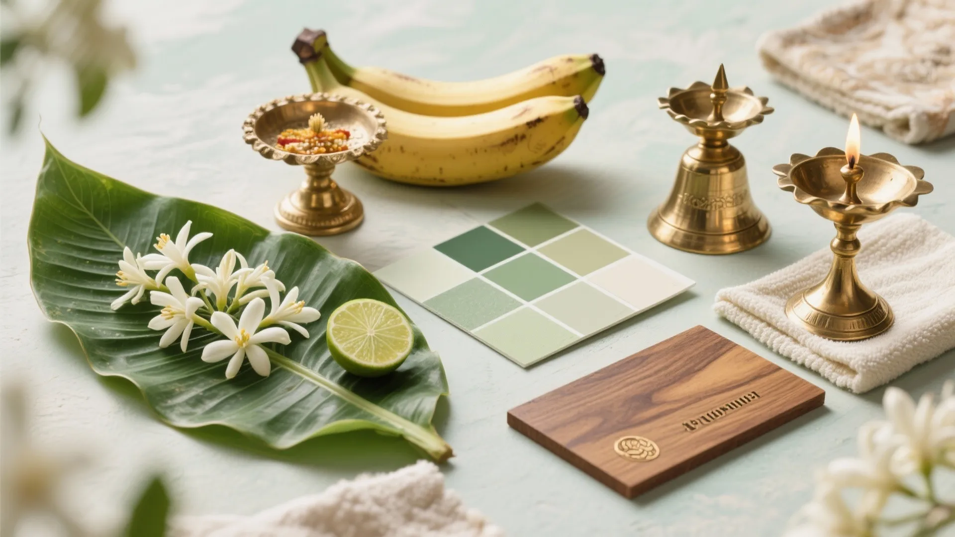 Flat lay of home decor items featuring green leaves bananas brass bowls and wood material samples