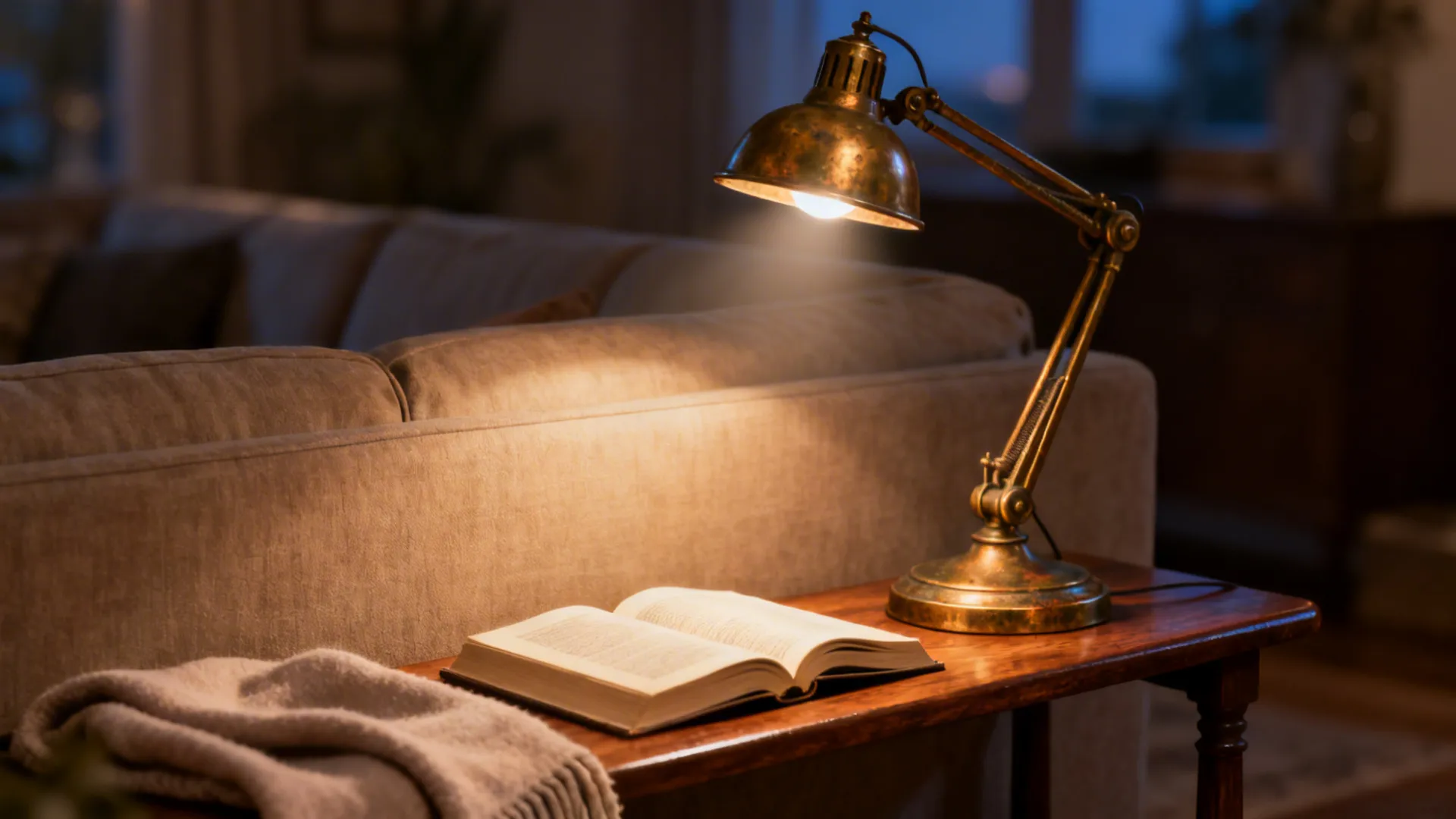 Antique brass banker's lamp casting warm focused light on an open book and a soft throw on a console table.