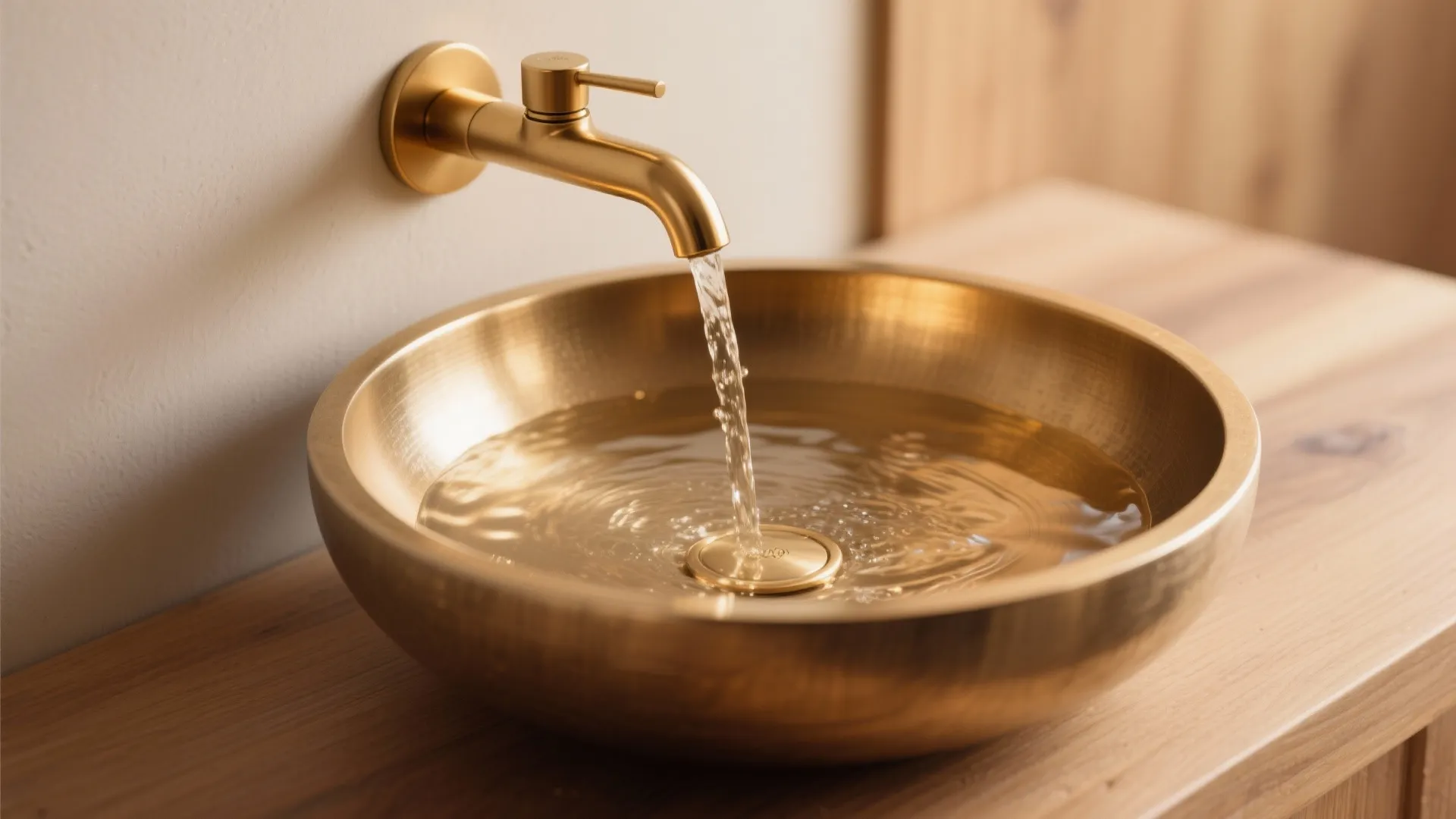 Modern gold round bathroom sink with water flowing from a matching gold wall mounted tap