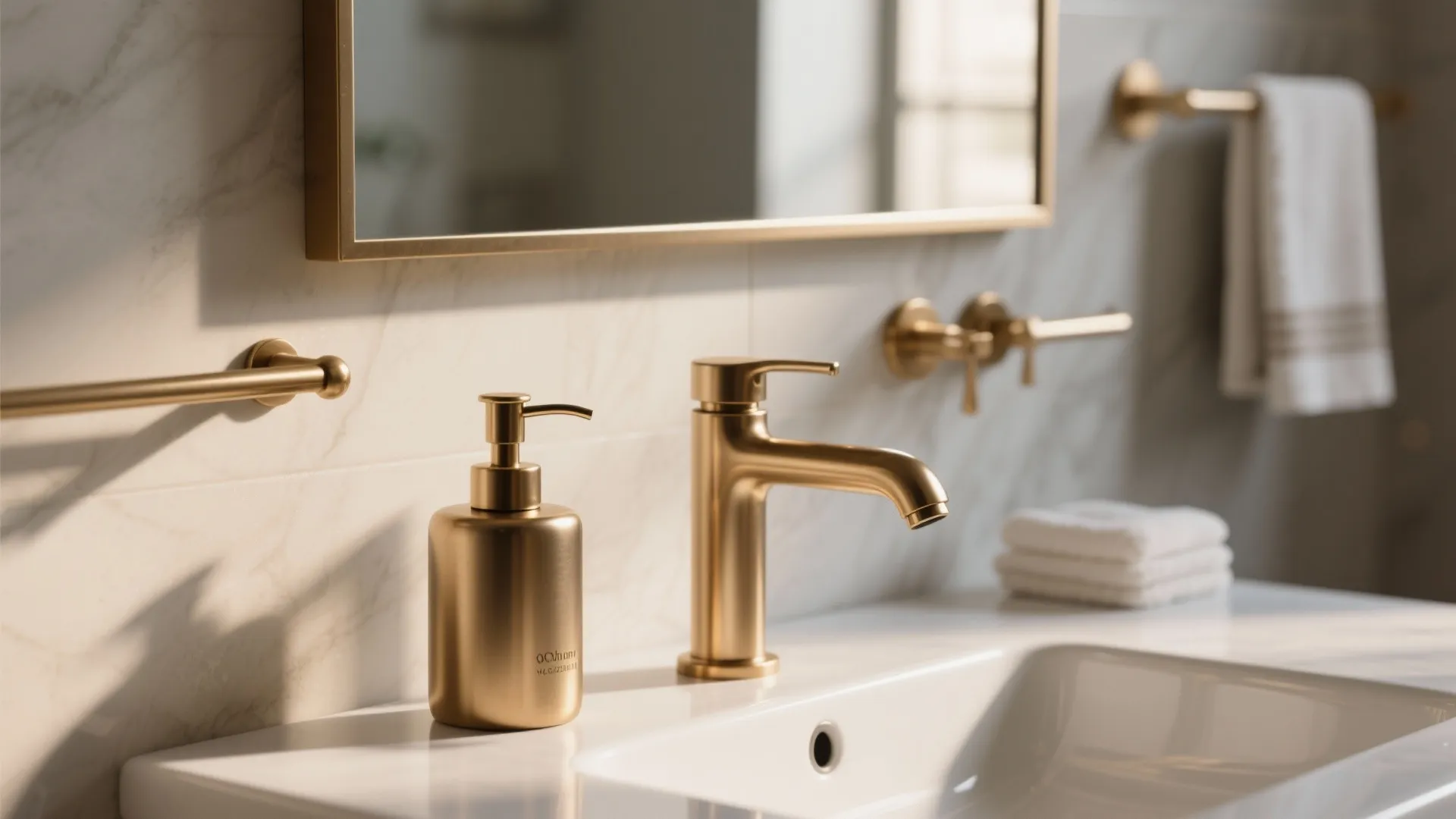 Gold faucet and soap dispenser on white bathroom sink with marble walls and gold mirror