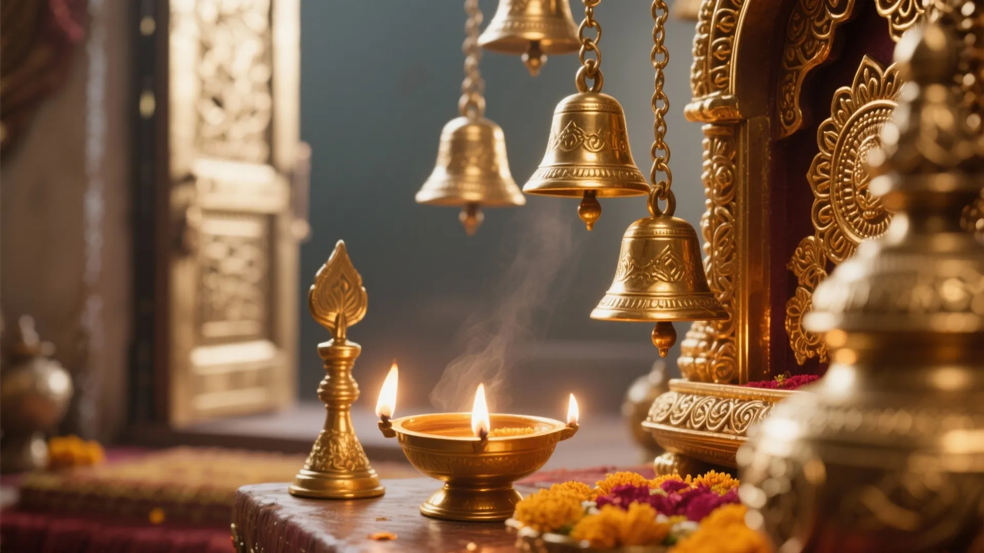 Traditional brass bells hanging above a golden oil lamp with flowers in a warm temple