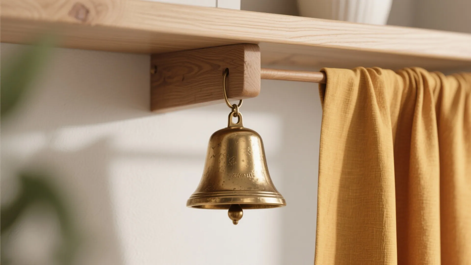 Small brass bell hanging from a wooden shelf next to a yellow curtain in a house
