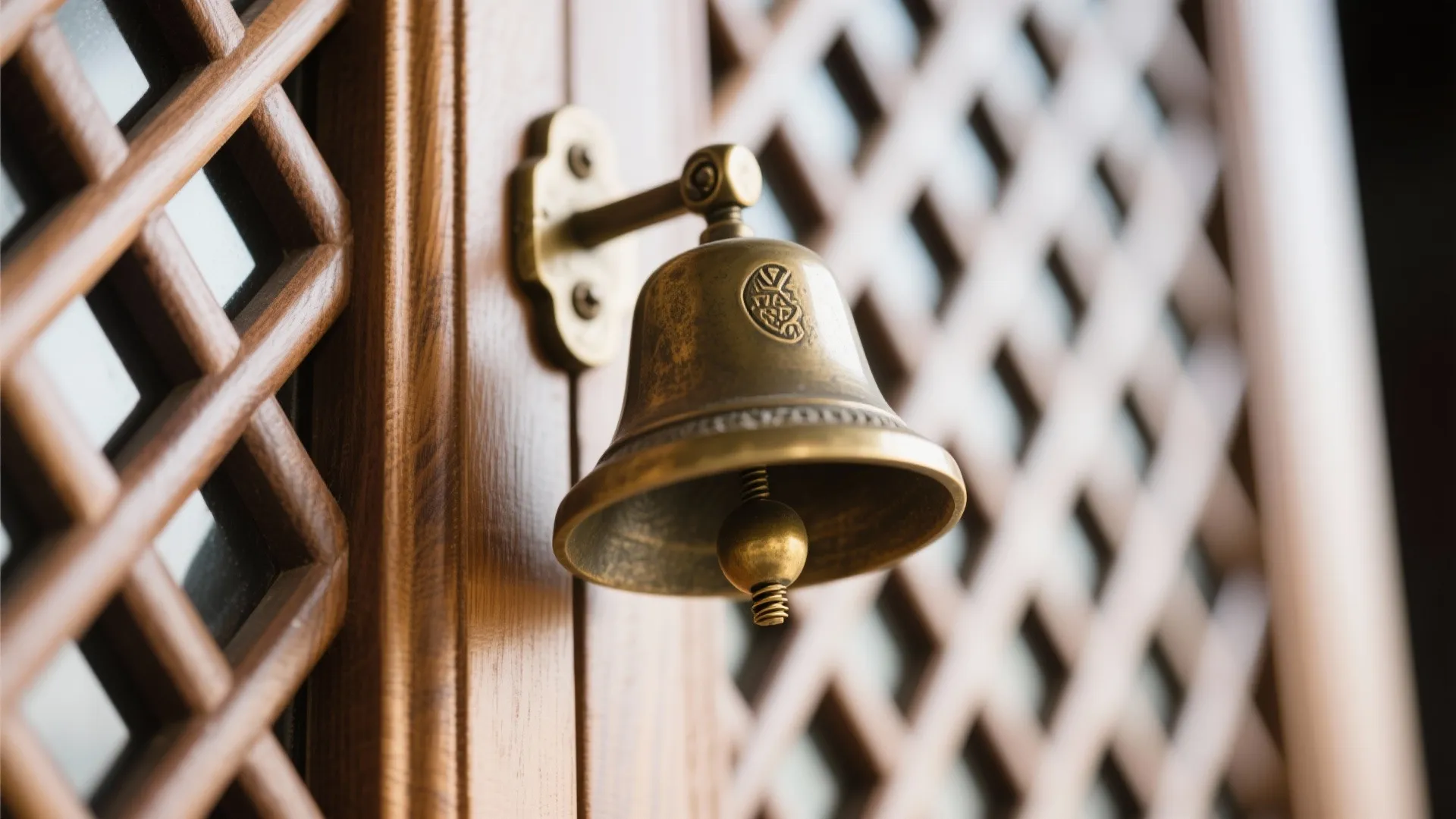 Macro of a brass bell on a teak lattice door showing patina and wood grain.