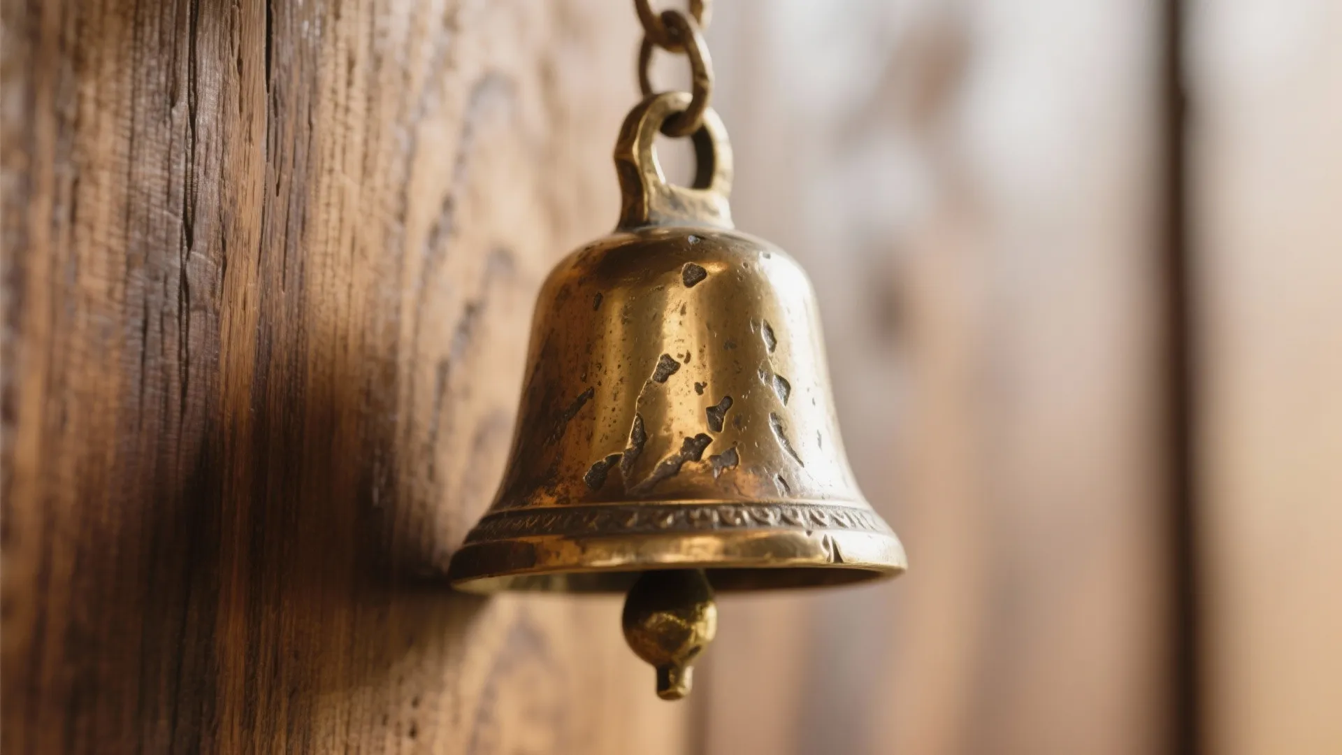 Small vintage brass bell hanging on a metal chain against a rustic brown wooden wall background