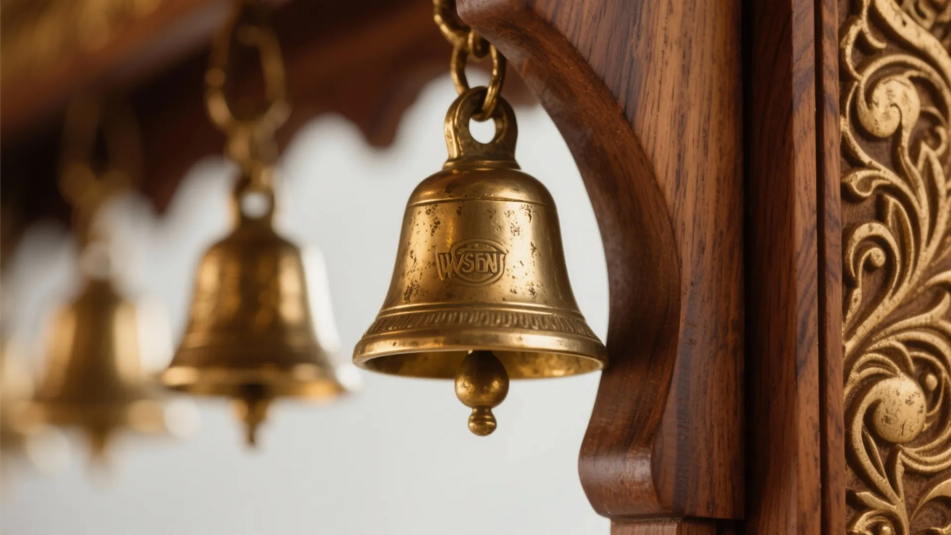 Macro of brass bells on a teak veneer mandir showing patina and wood grain.
