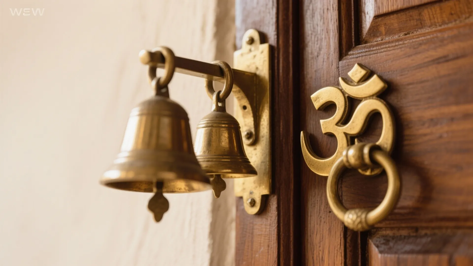 Two small brass bells hanging on a dark wood door next to a gold metal symbol