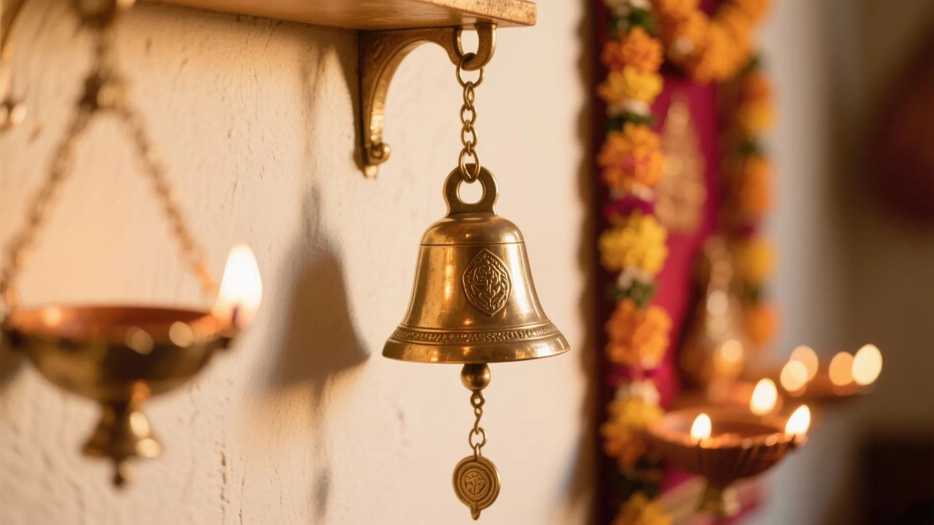 Brass bell hanging on a wall with oil lamps and flower garland for home decoration