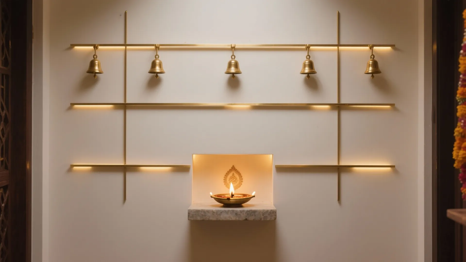 Brass bell strip and backlit diya niche on a clean pooja wall, warm 2700K glow.
