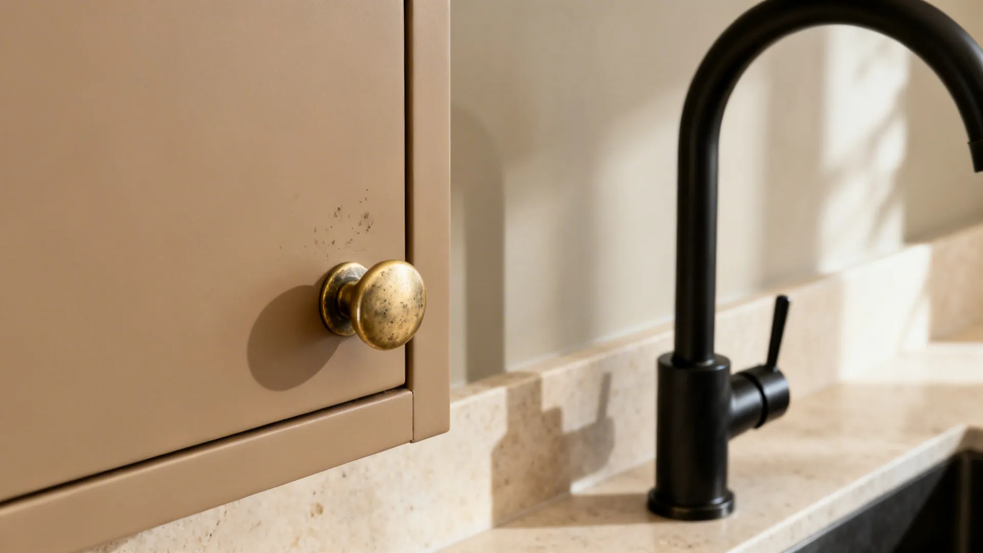 Close-up of a gold round cabinet handle on beige door next to a black faucet