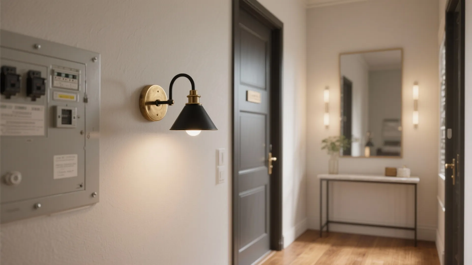 Black and brass wall light in hallway with wood floor mirror and small console table