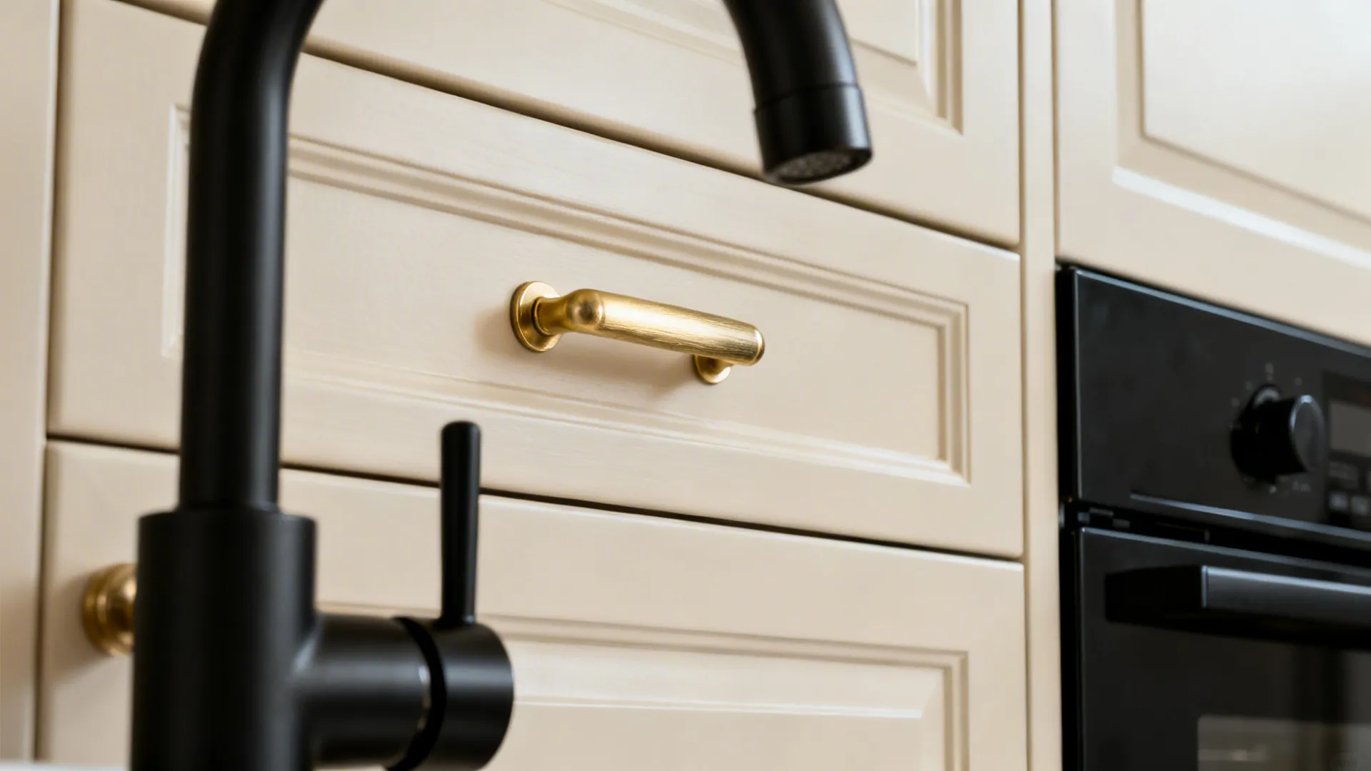 Satin brass pull beside a matte black faucet on neutral cabinetry.