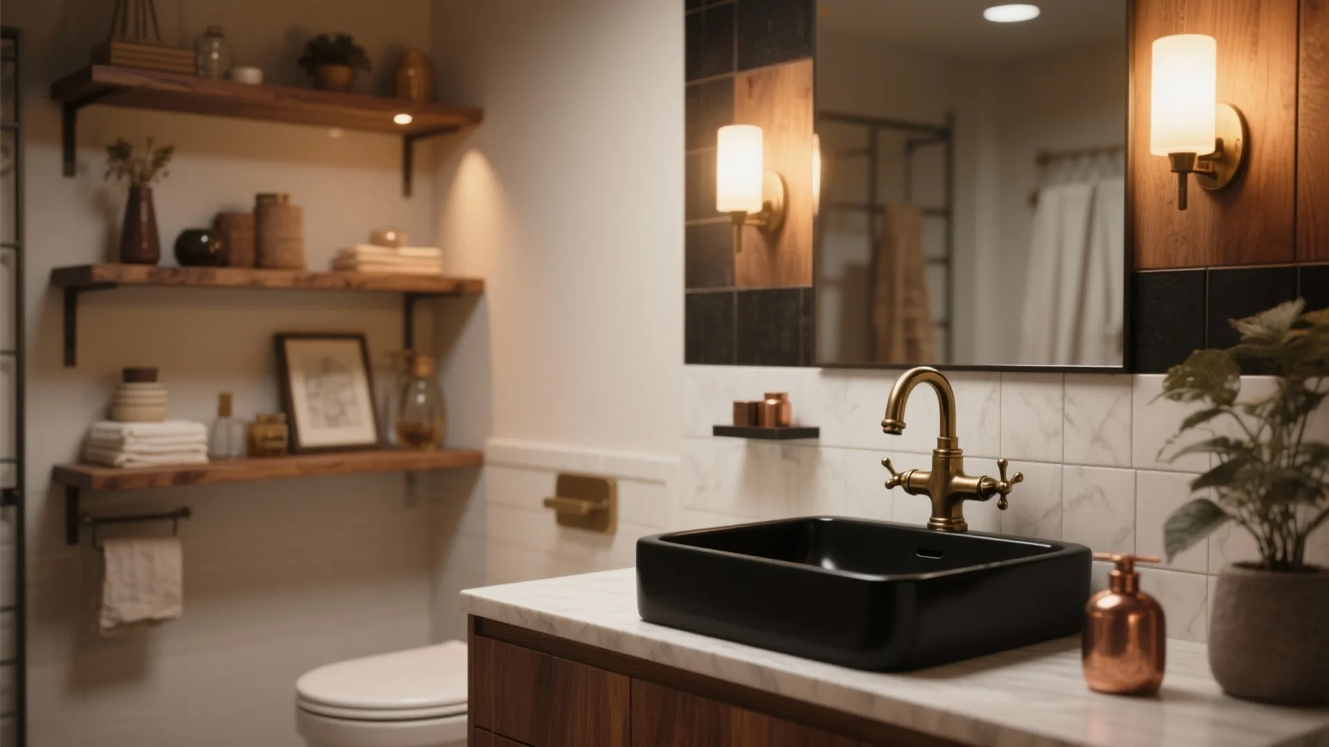 Bathroom scene with a black sink and warm brass faucet with wood shelving