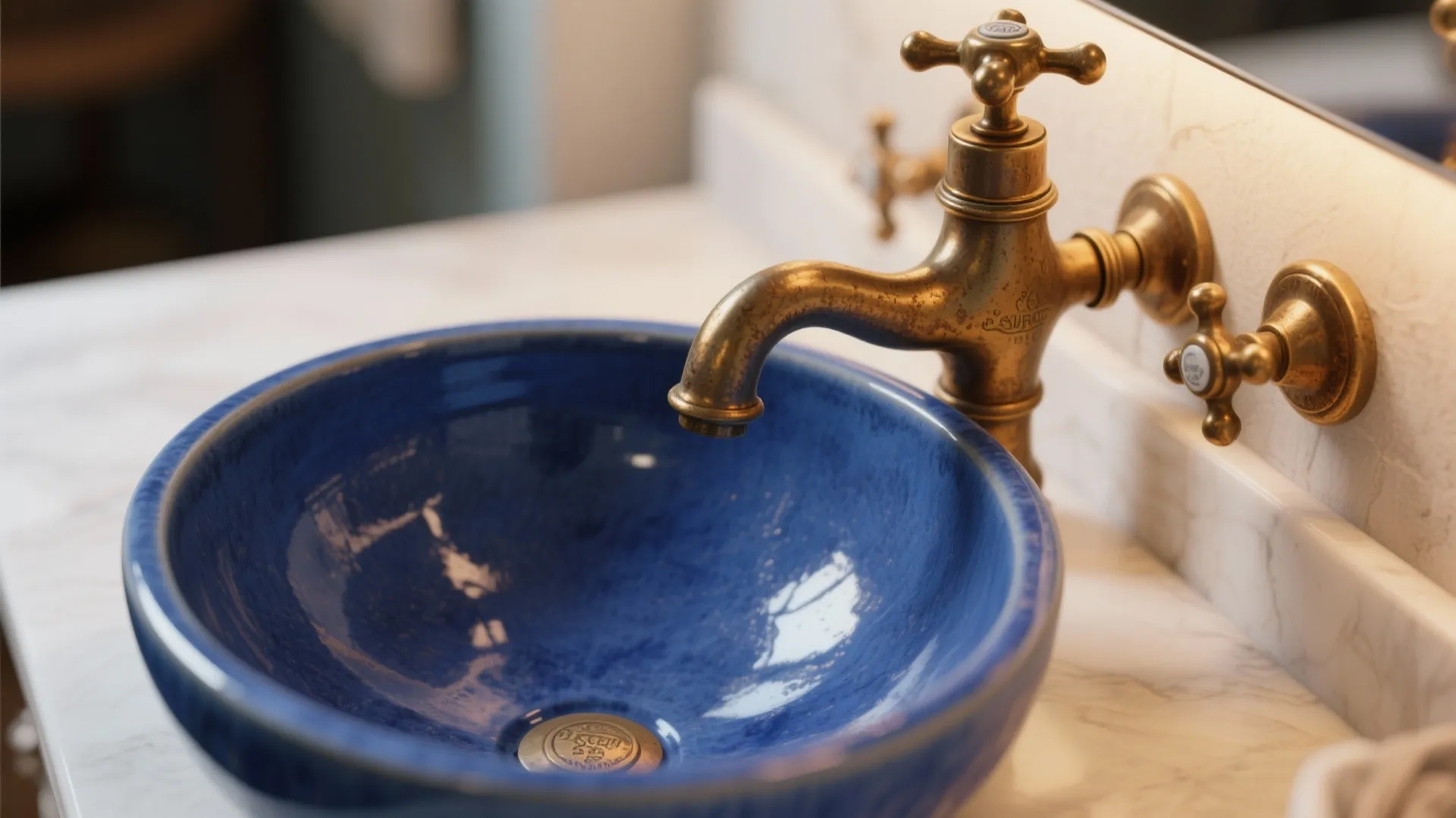 3. Vintage Brass Fixtures with a Ceramic Blue Bowl
