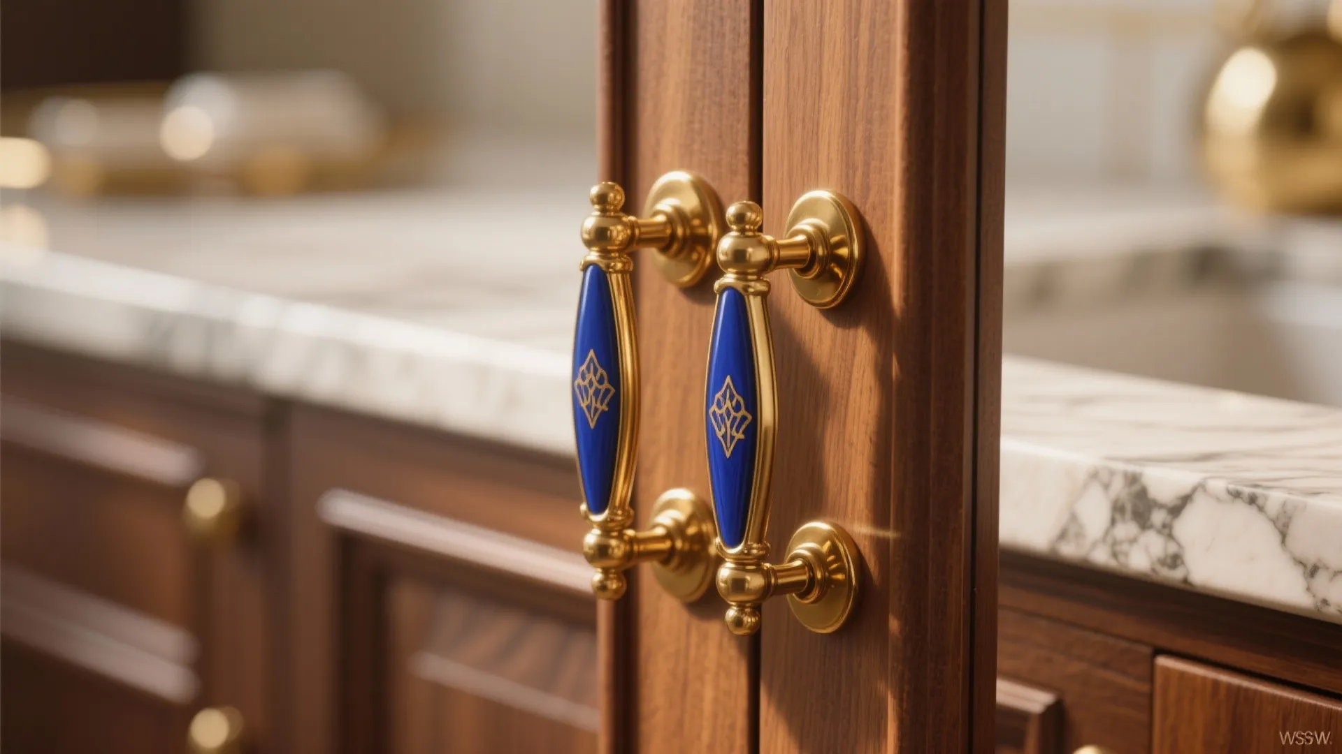 Brass handles with blue enamel inlay on warm wood cabinets showing luxurious detail.