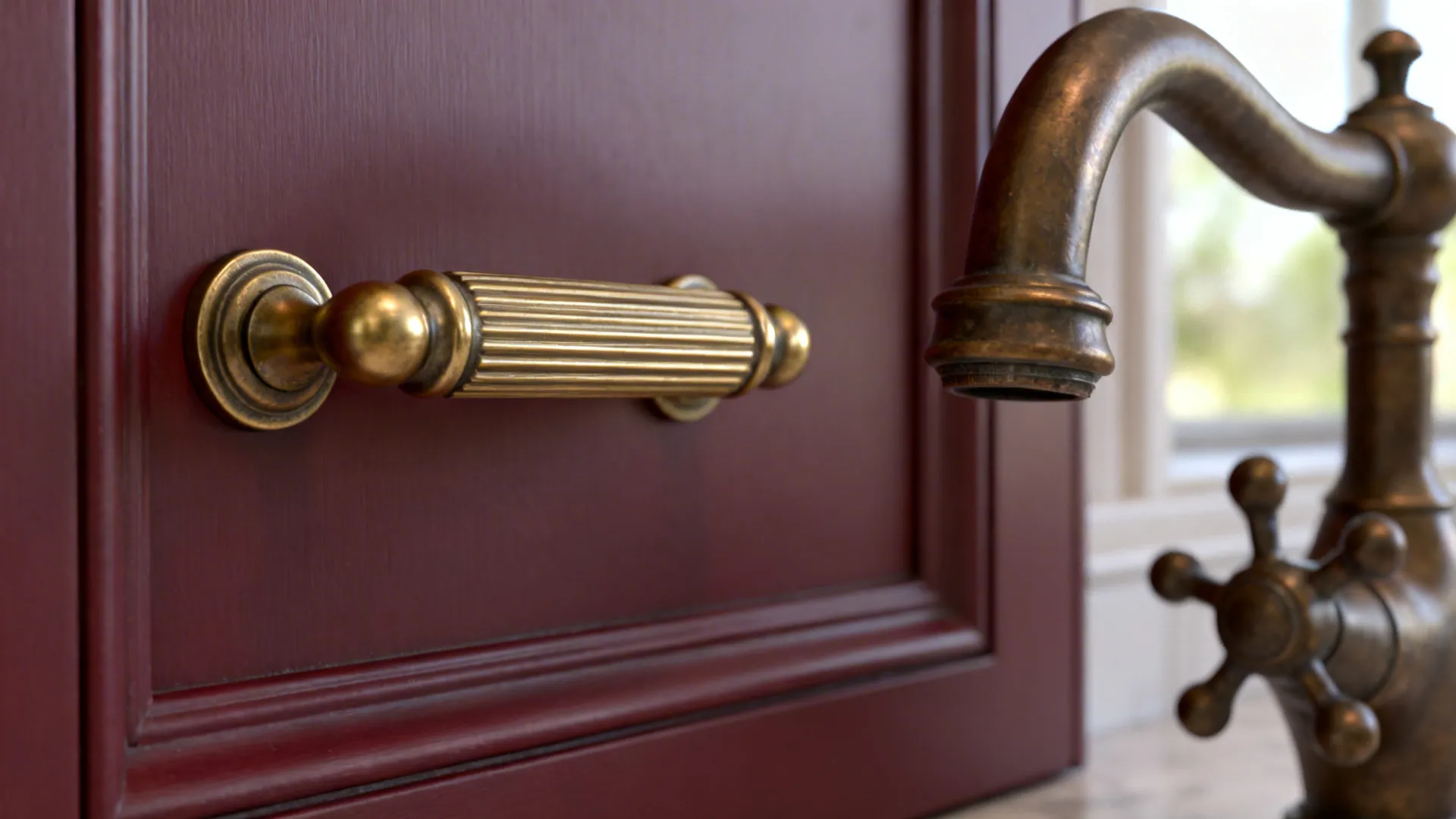 Macro of a brushed brass pull on burgundy cabinetry next to an aged bronze faucet.