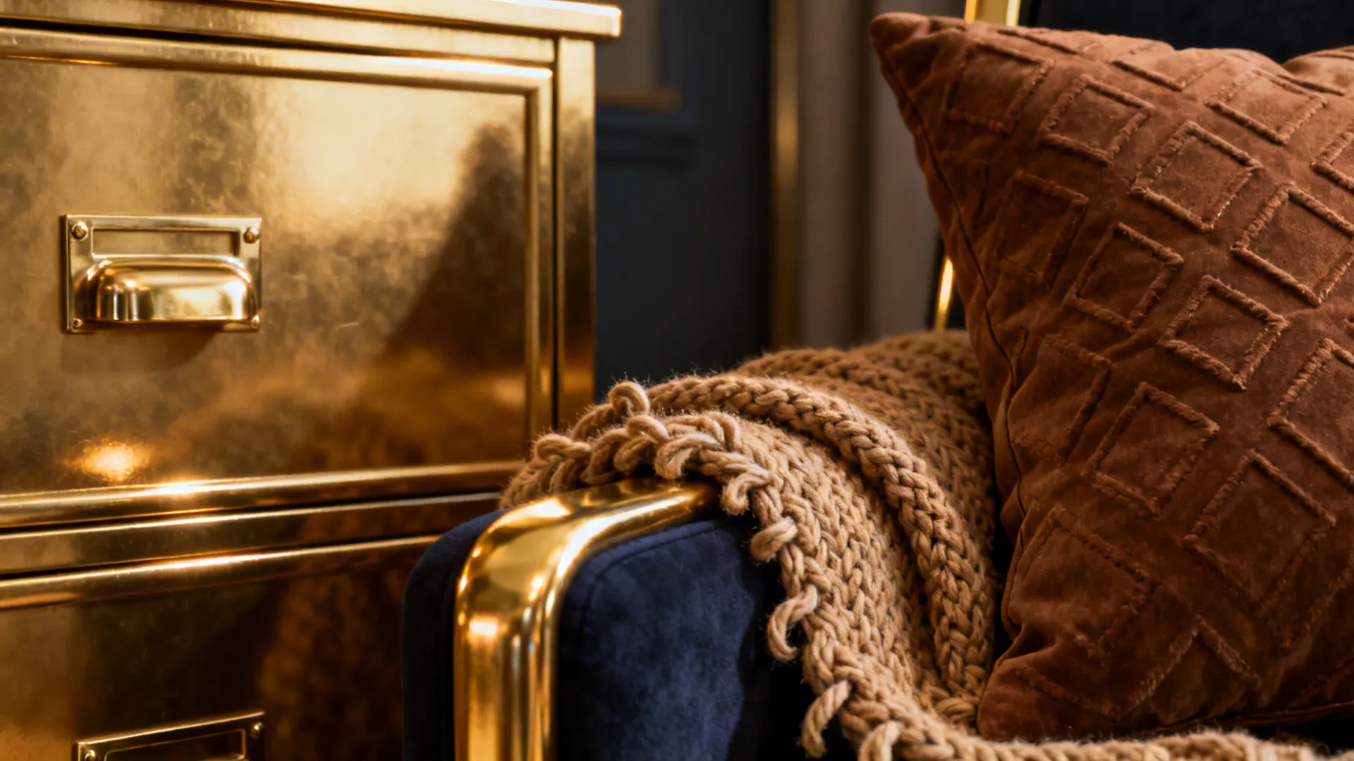 Close-up of brass hardware with brown textiles on navy upholstery