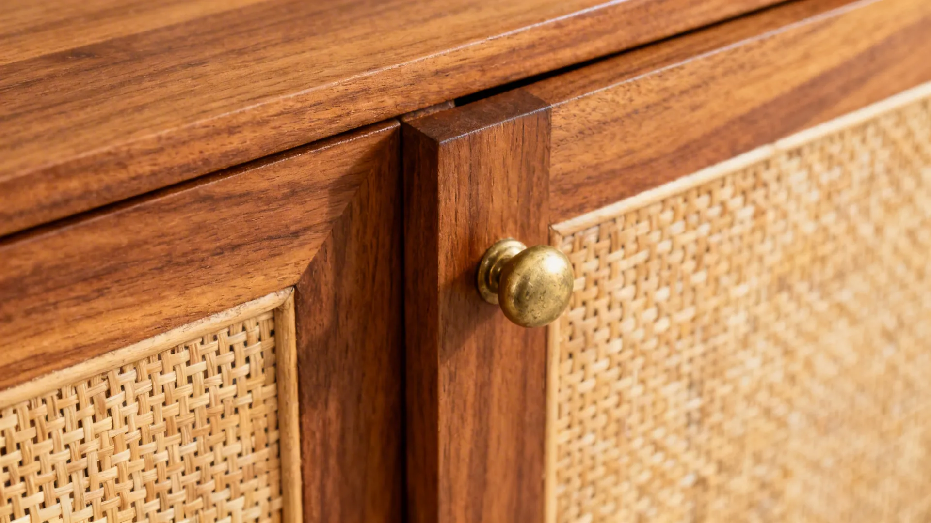 Macro of cane cabinet insert with teak veneer and a brass knob showing subtle patina.