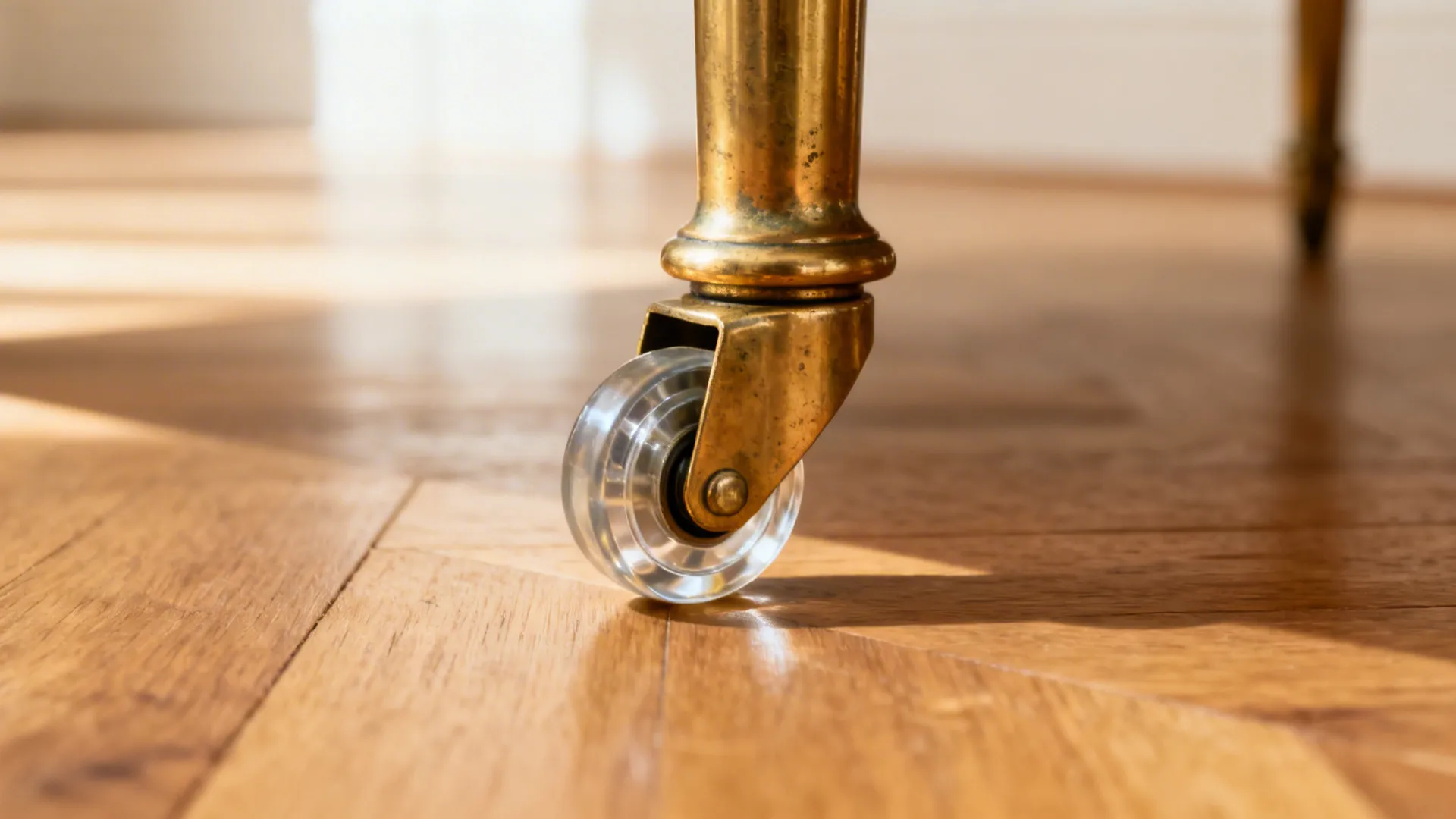 Macro of a discreet brass caster under a pedestal table on hardwood flooring.