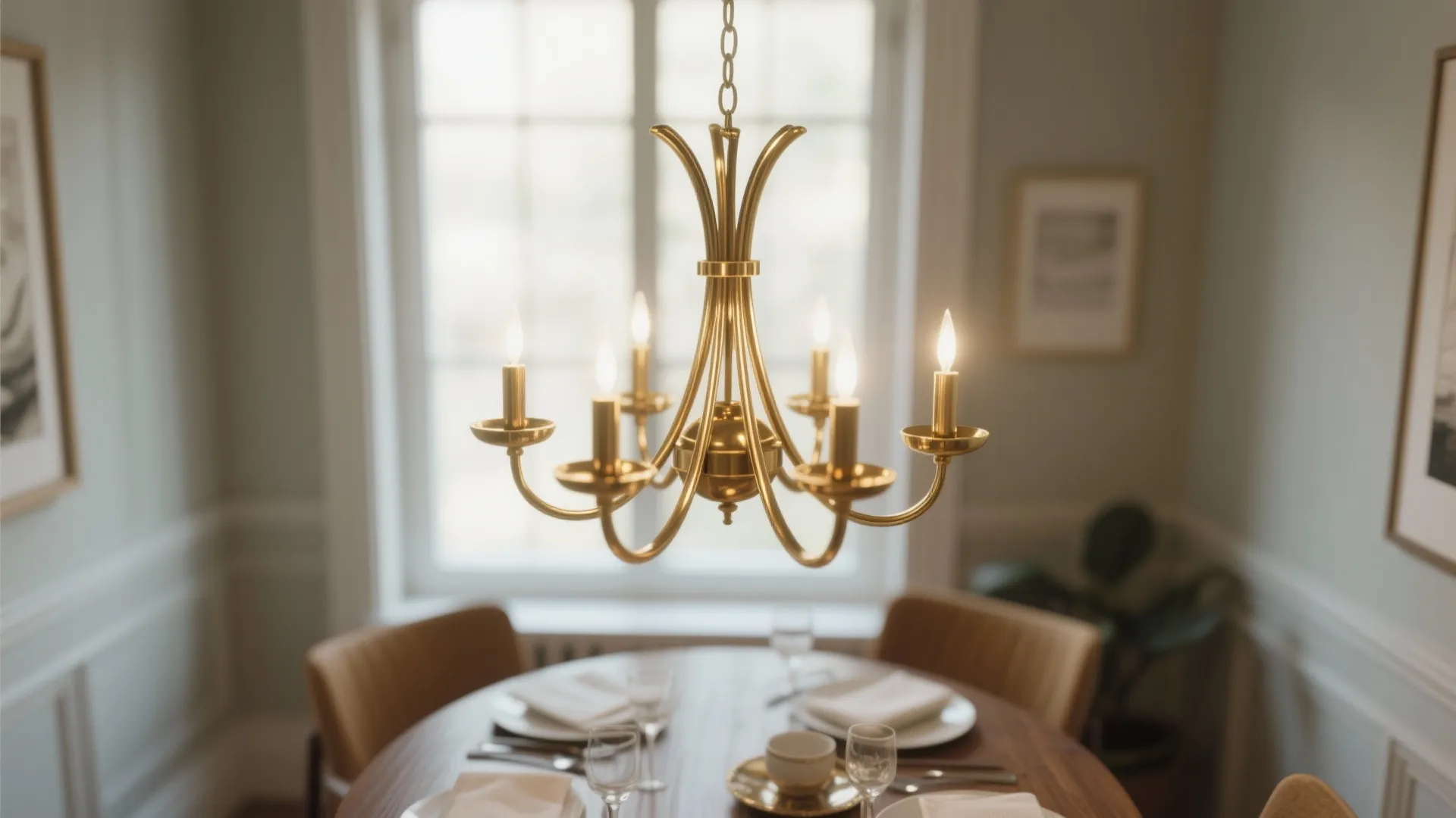 Mid-century brass chandelier above dining table in warm light