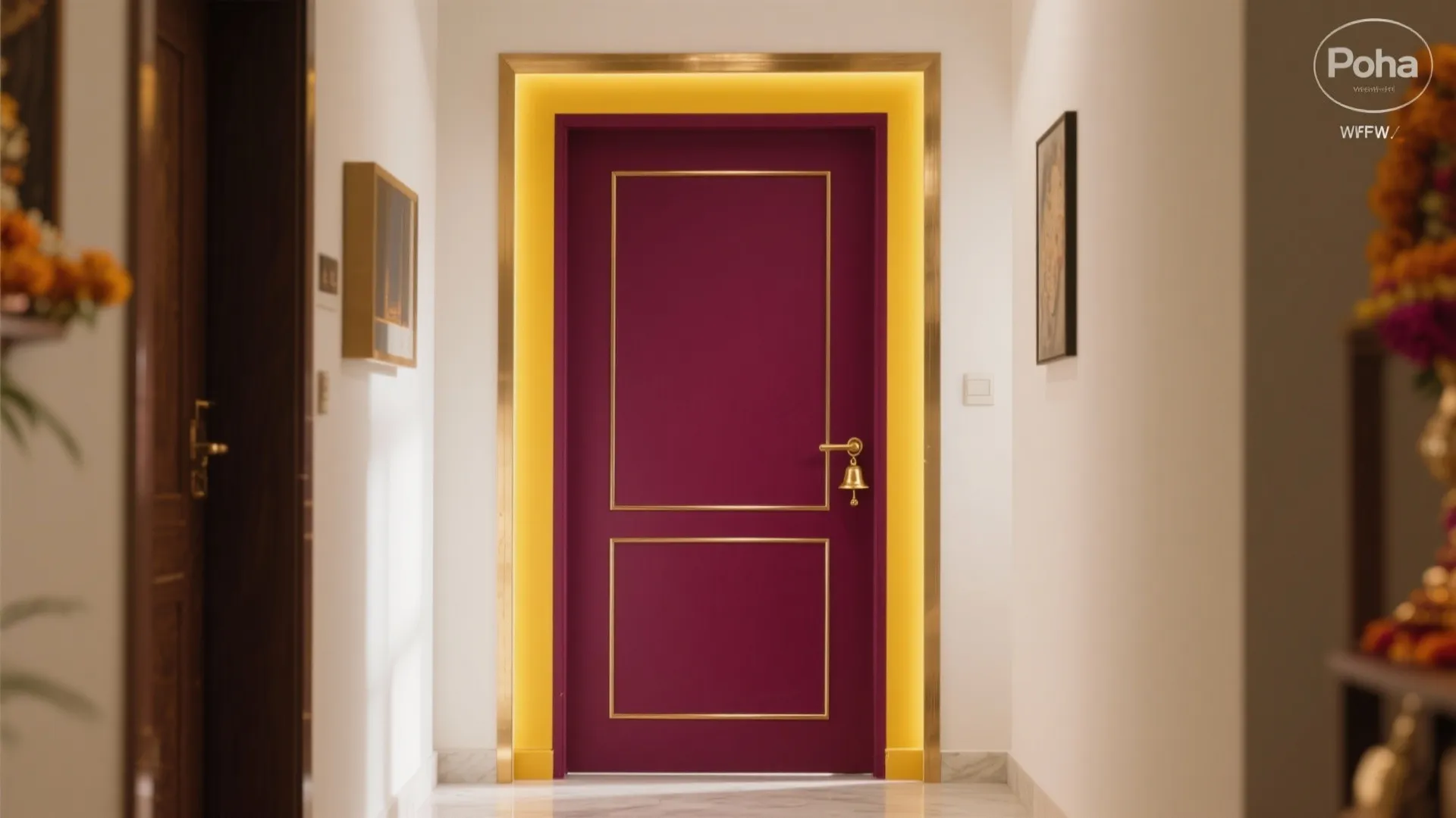 Pooja entrance with brushed brass trims and deep maroon color blocking on a neutral wall.
