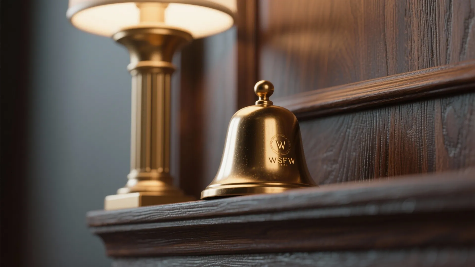 Macro of satin brass bell and mini column detail on walnut-stained wooden mandir.