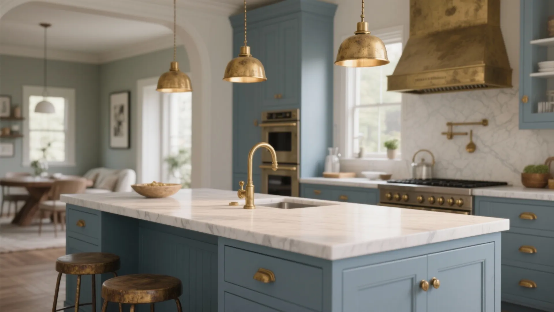 4. Blue-Grey with Contrasting Countertop and Brass Hardware