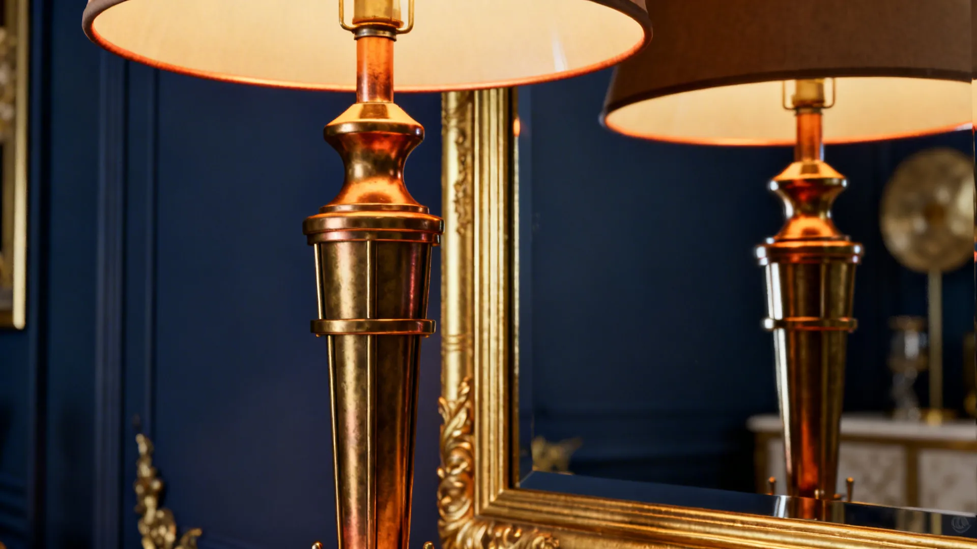 Brass lamp and gold-trim mirror against a deep blue wall
