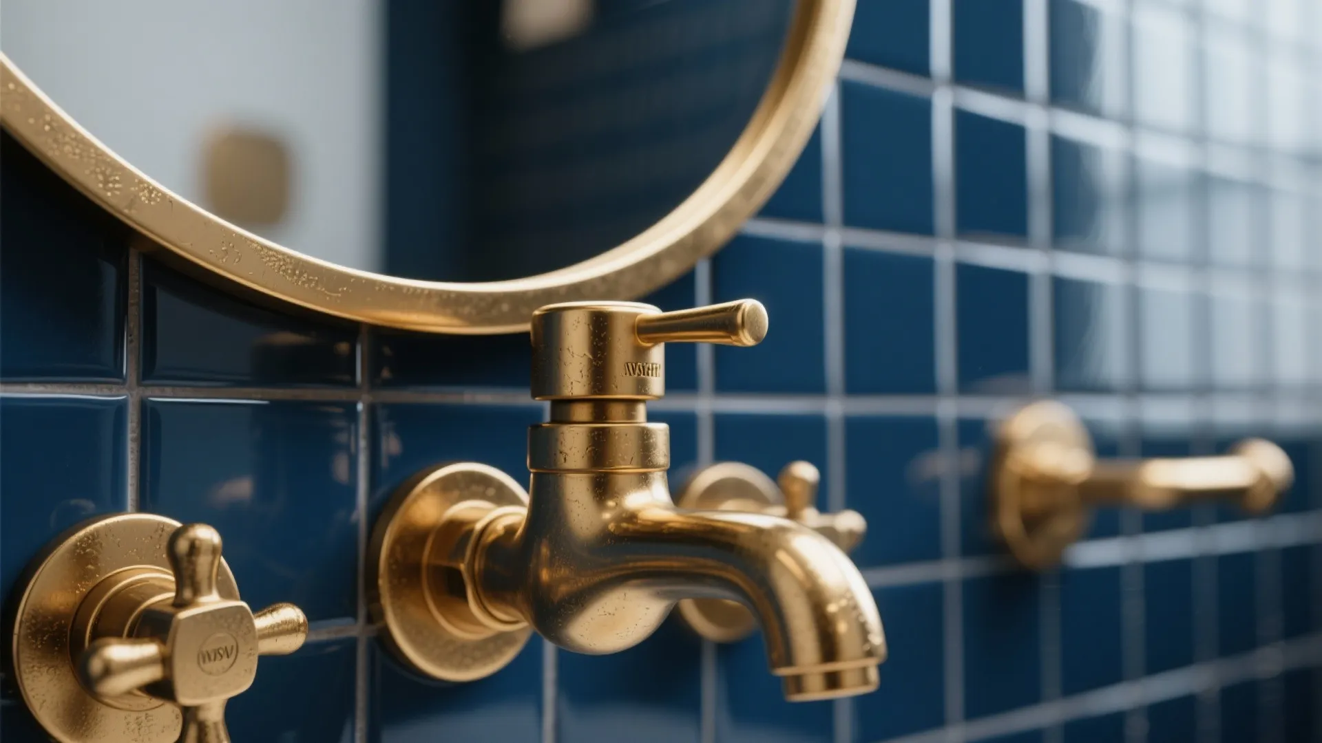 Gold metal water tap on a blue tiled wall next to a round gold mirror