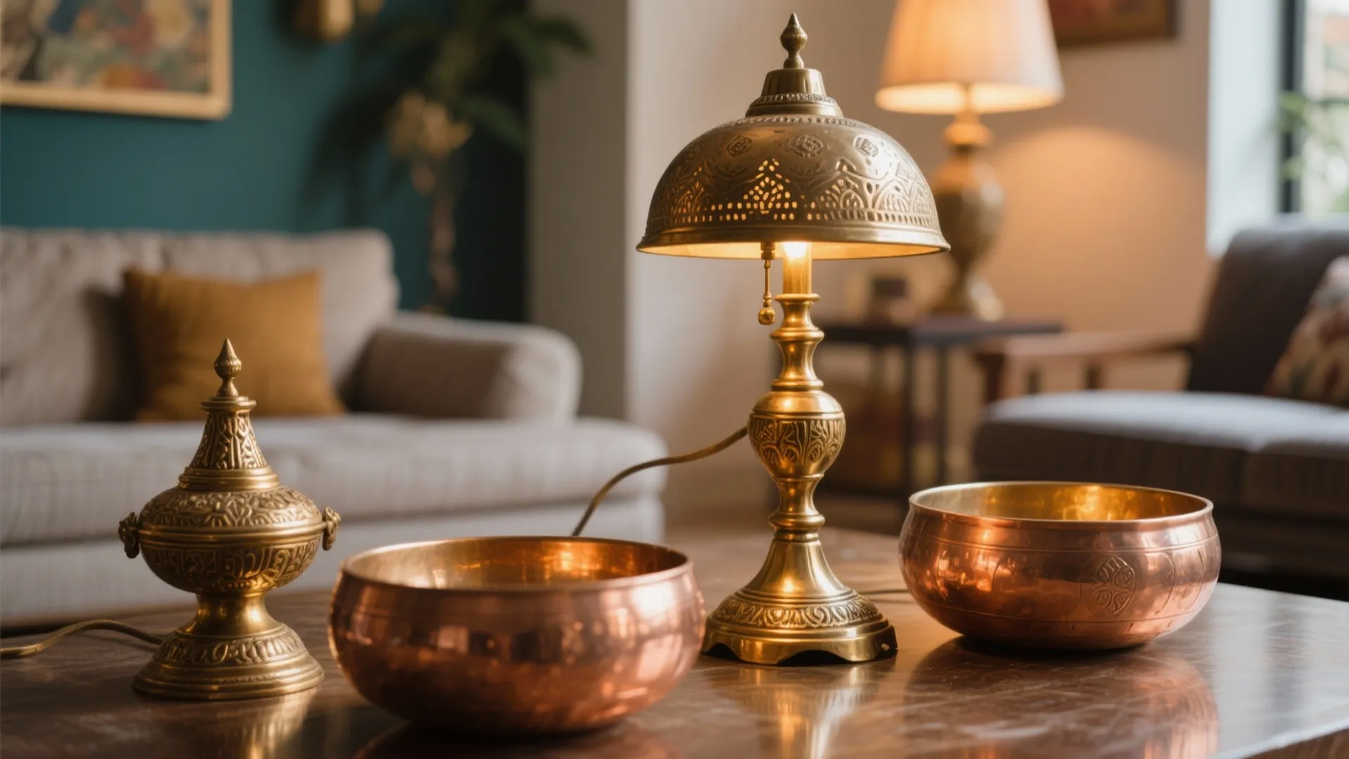 Brass table lamp and copper bowls on a wooden coffee table in a living room.