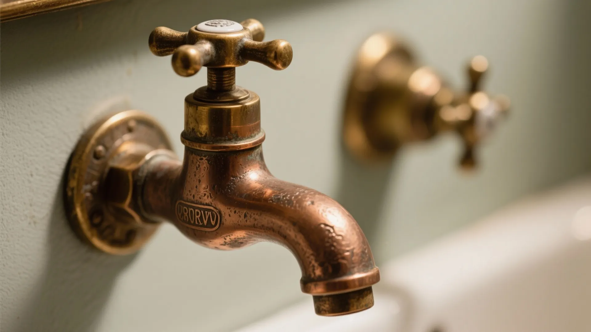 Close-up of aged copper water taps with cross handles installed on a light green wall