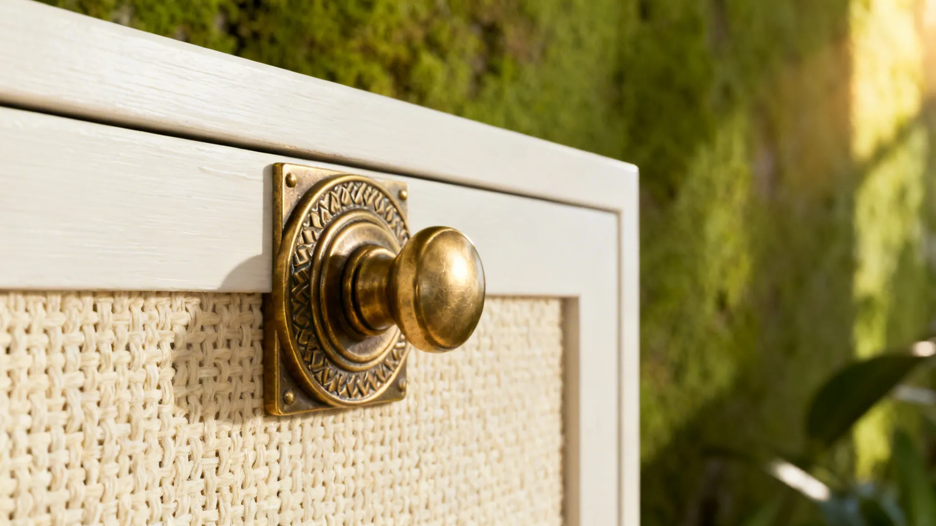Macro of brushed brass hardware and cream fabric with moss-green wall softly blurred behind.
