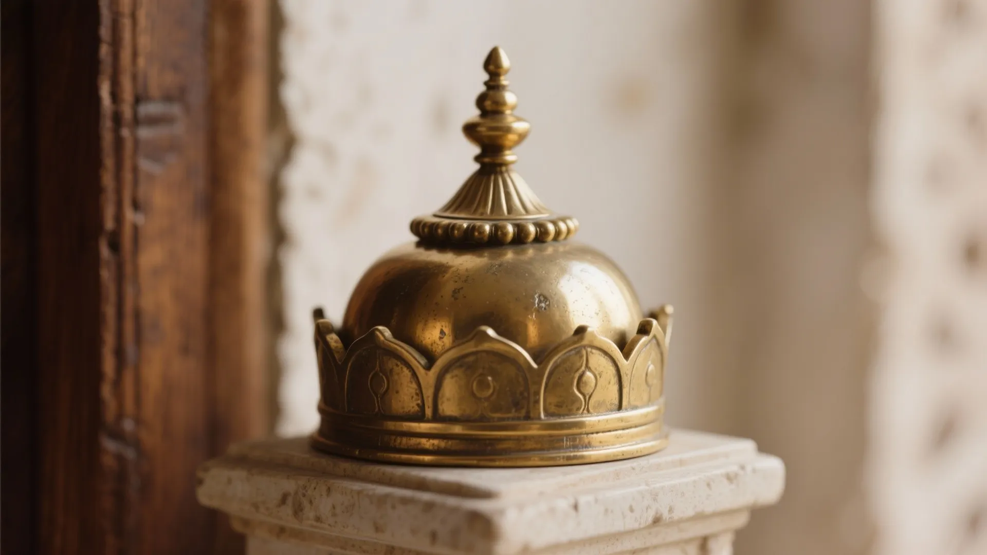 Close-up of brass finial on a compact shikhara crown with rounded edges and warm reflections.