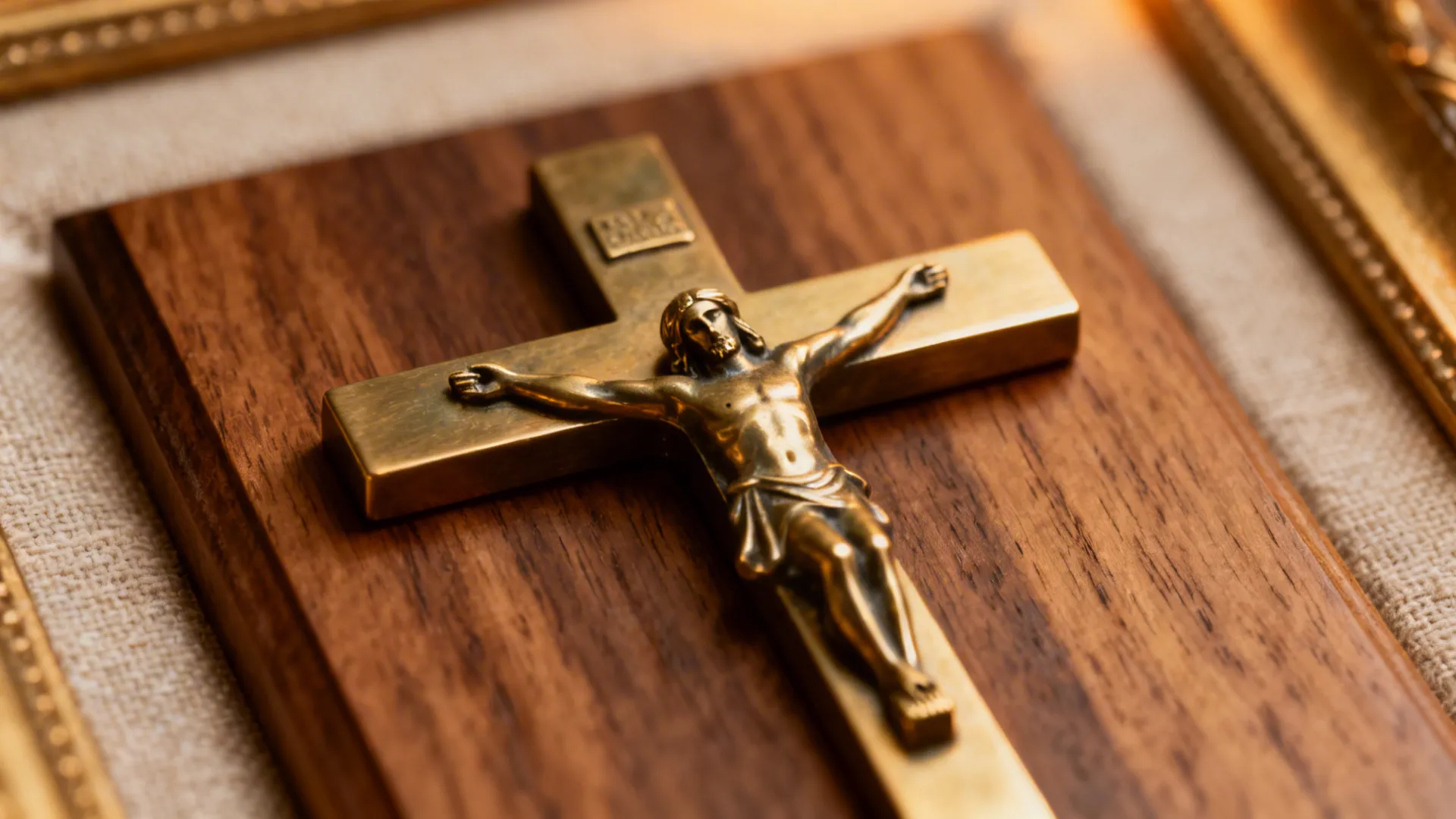 Macro of a brass crucifix on an oak plaque with warm, soft lighting.