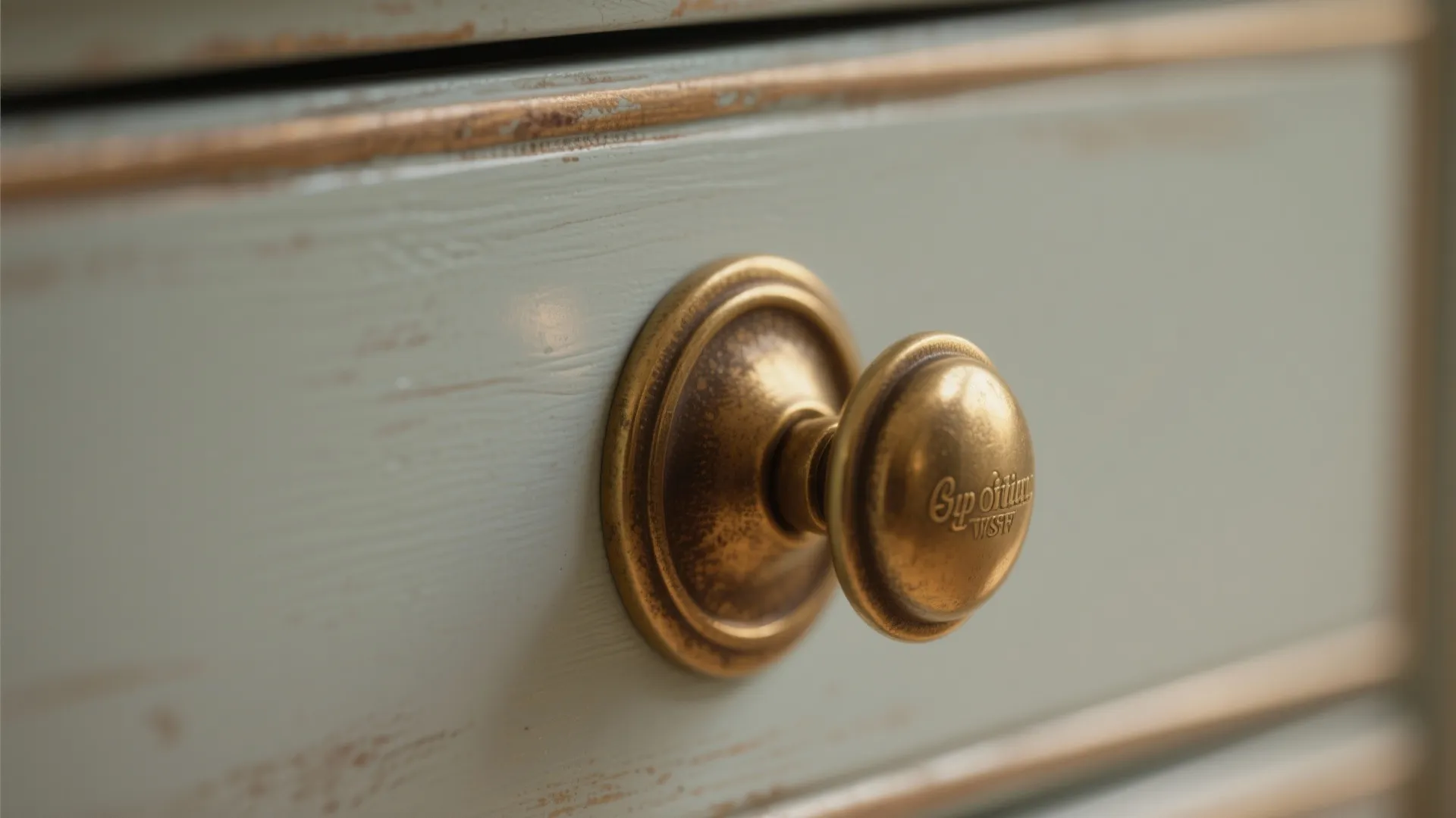 Close-up of a warm brass cup pull with subtle patina on a painted bathroom drawer.