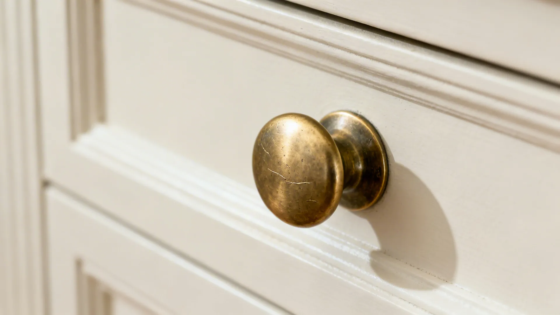 Close-up of an unlacquered brass cup pull on a creamy cabinet drawer.