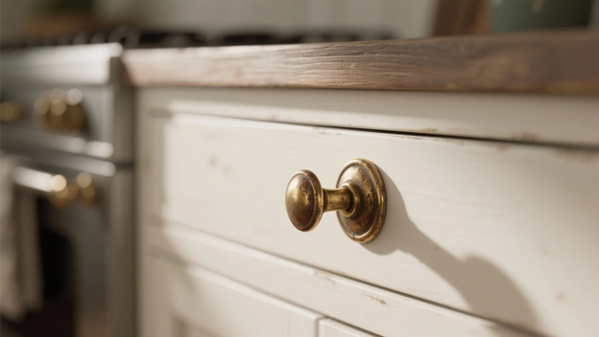 Close-up of brass cup pulls on white drawers