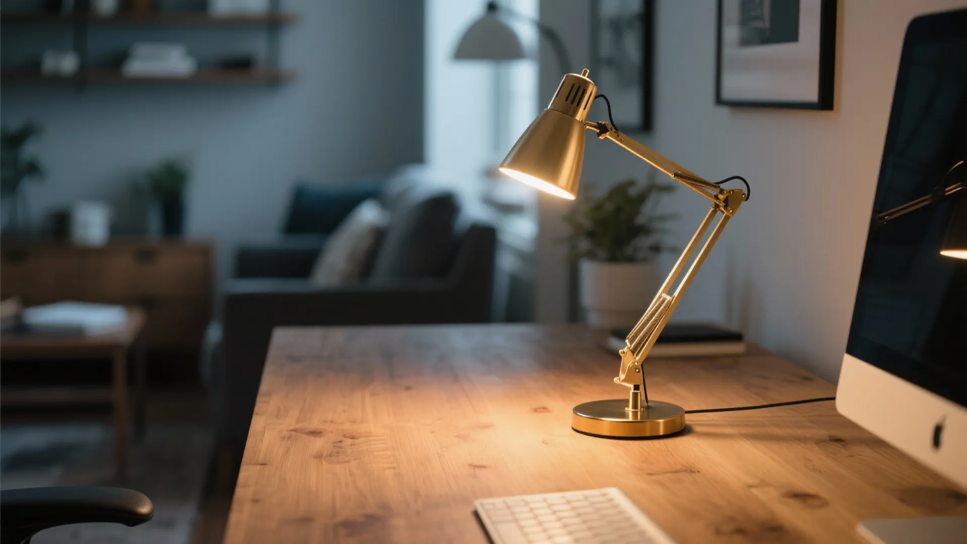 Gold desk lamp on wooden table next to computer keyboard in a modern living room