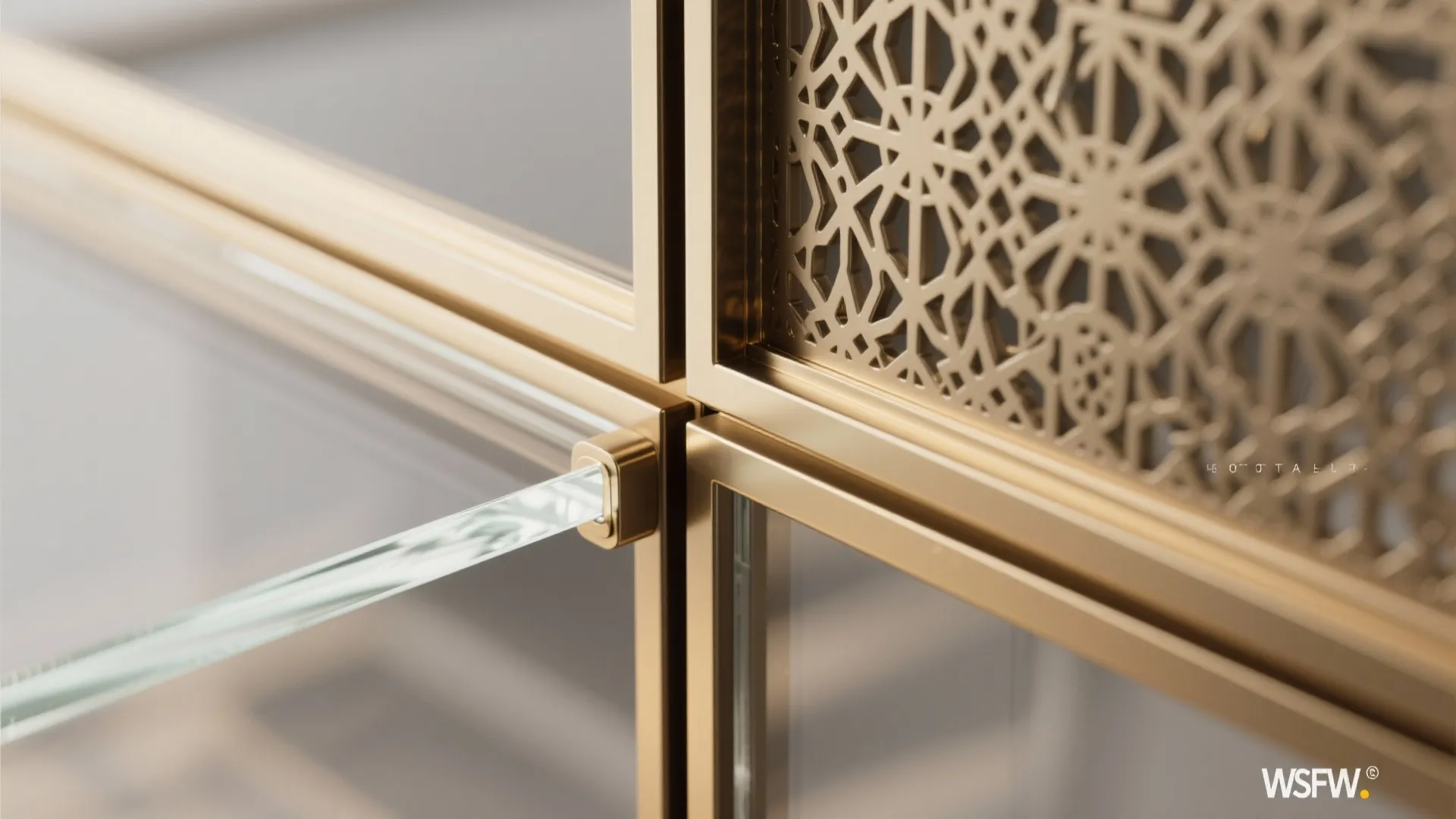 Brass-and-glass mandir with delicate jaali sides