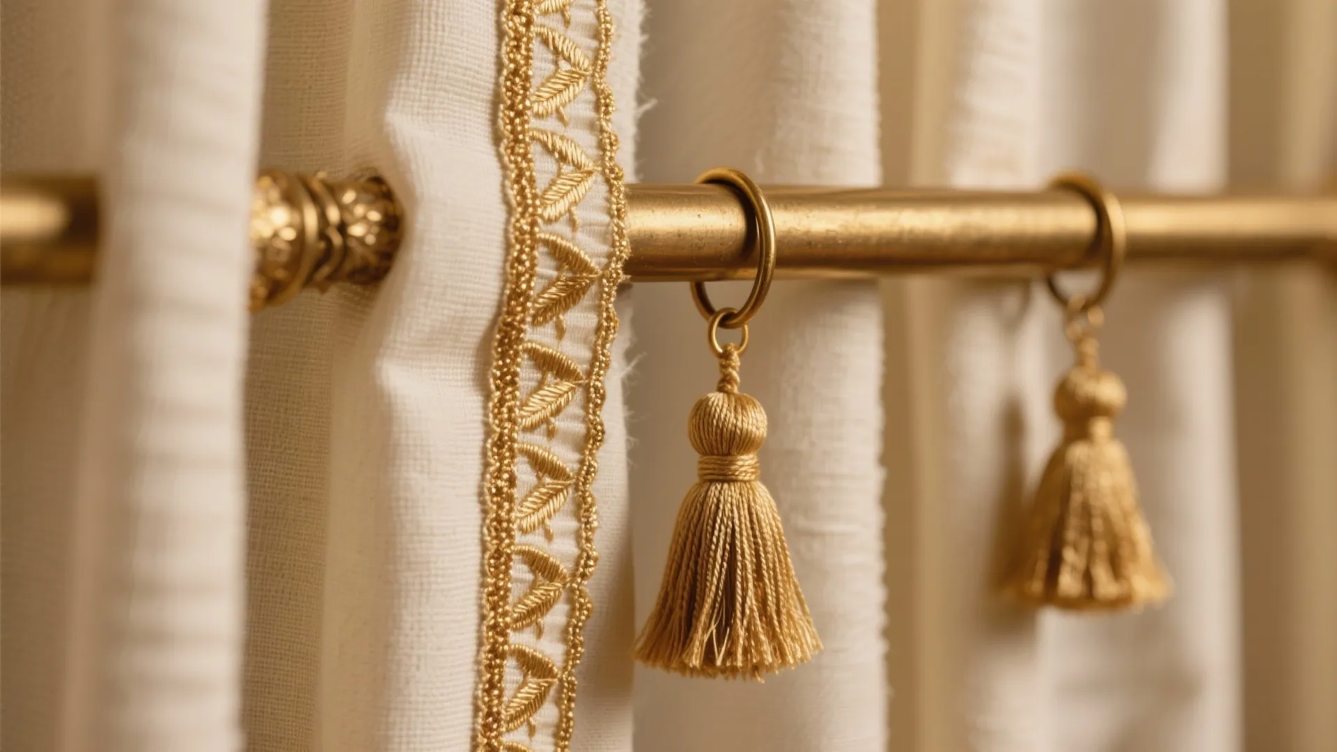 Close up of golden curtain rod holding white fabric with small hanging decorative golden tassels