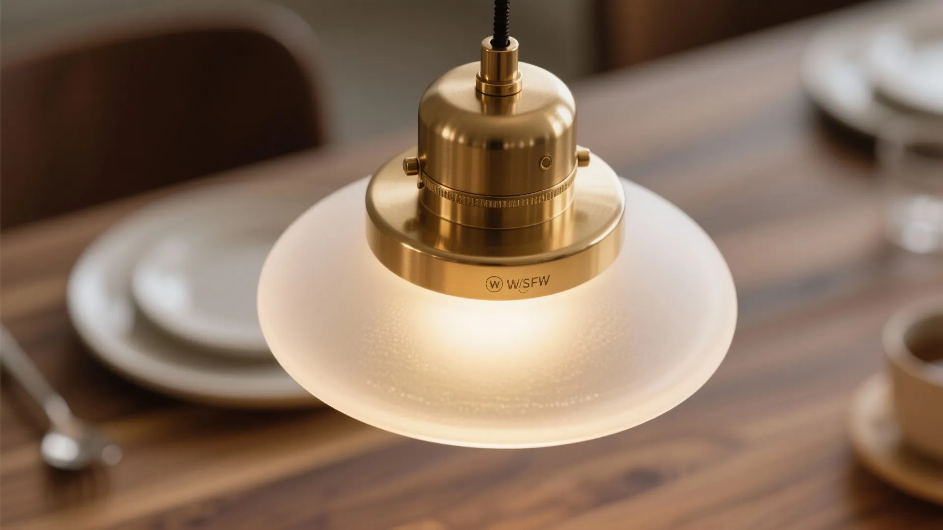 Macro detail of a champagne brass pendant with a dim-to-warm LED glowing softly.