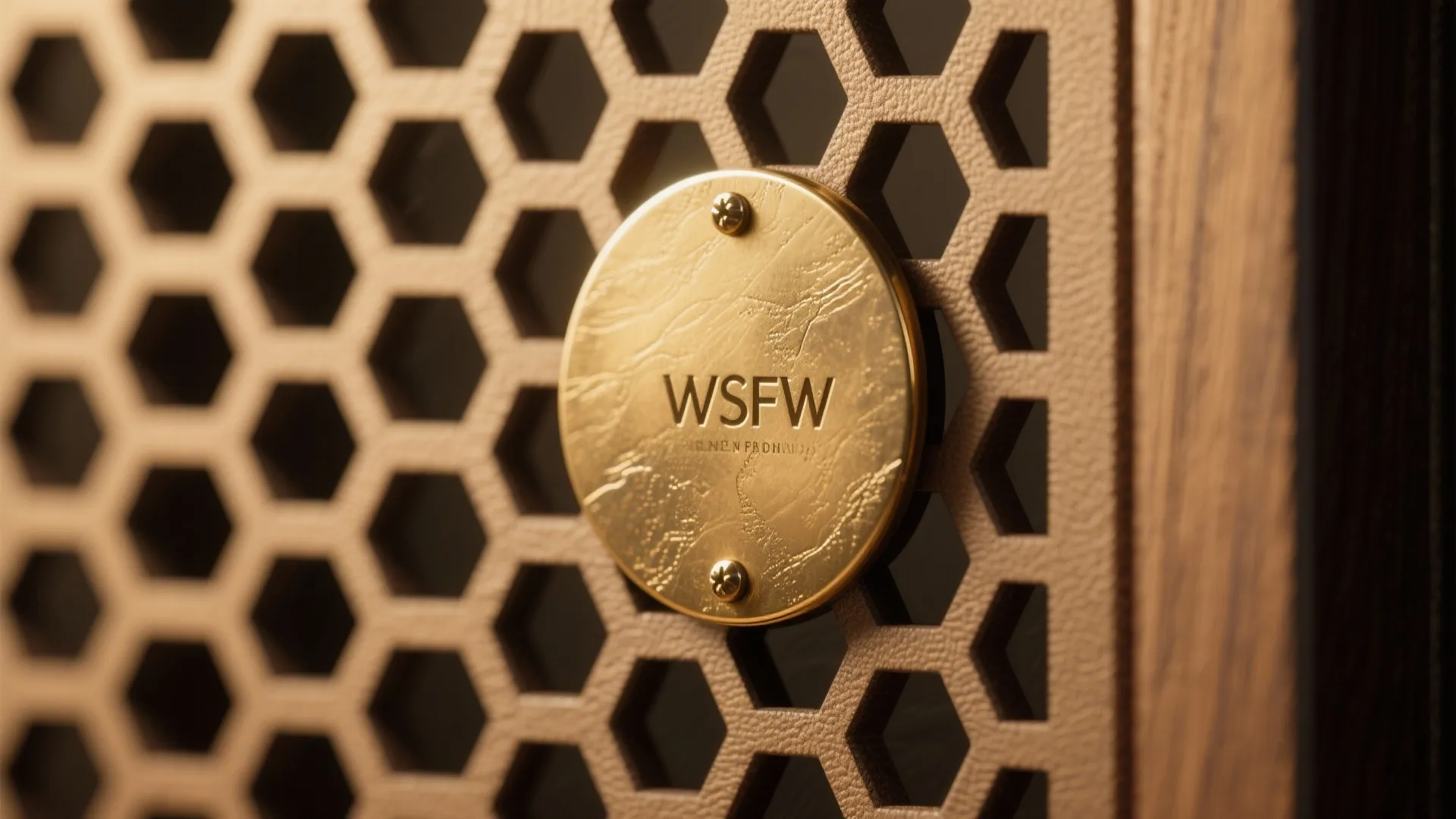 Close up of a round gold metal plate with letters on a brown honeycomb pattern surface