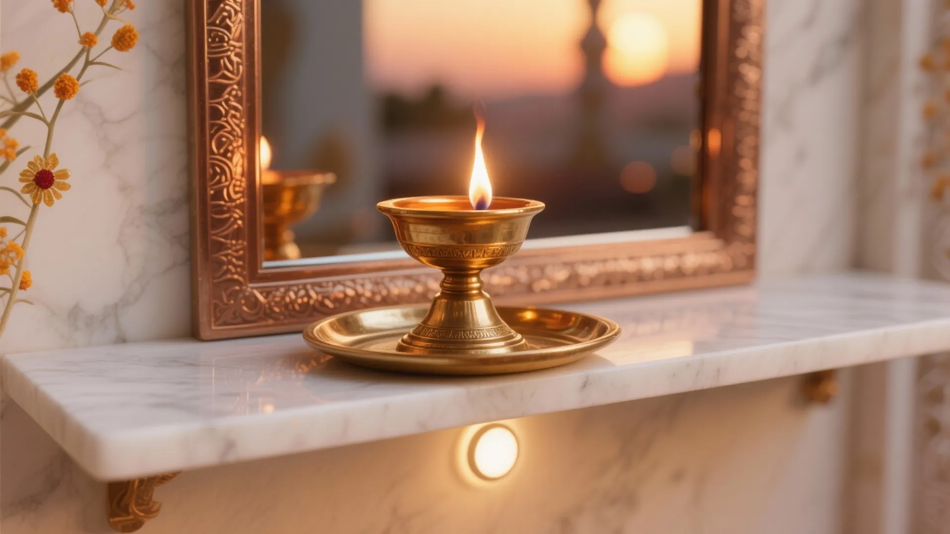 Small brass oil lamp with flame on marble shelf near mirror during warm sunset light
