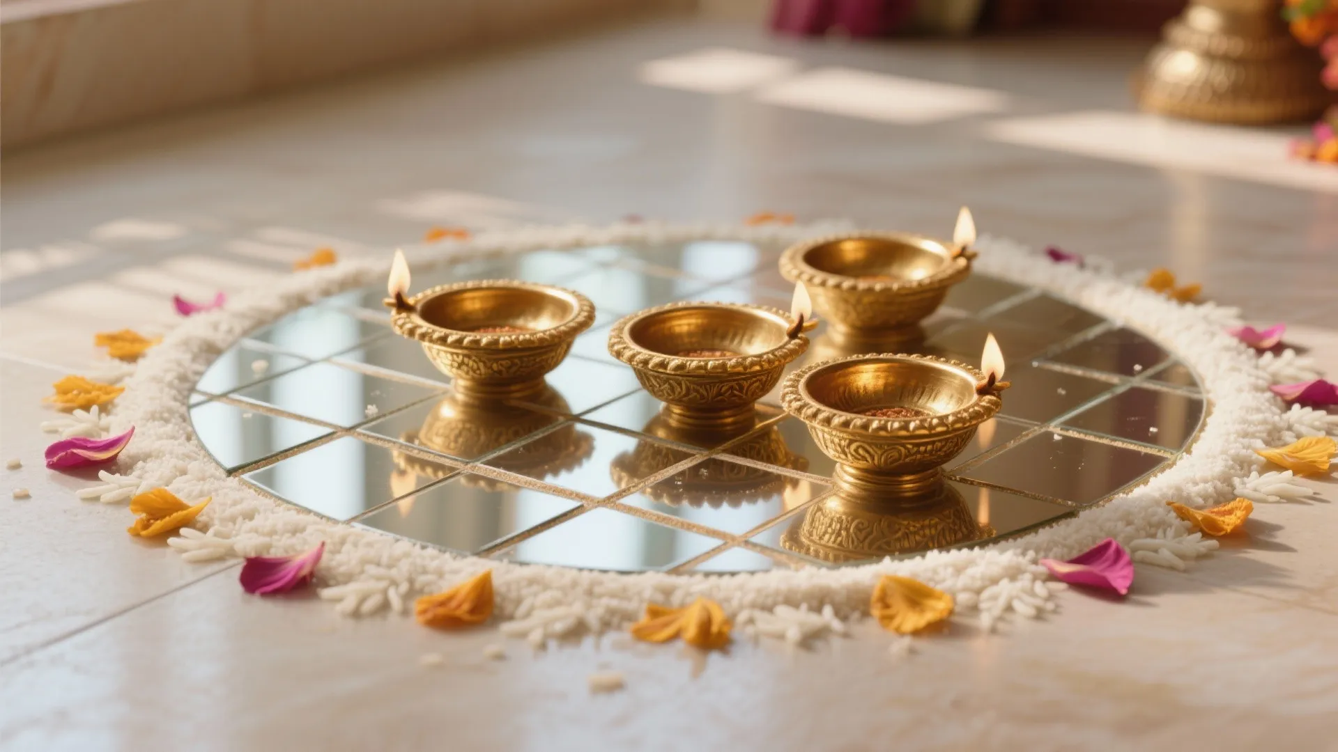 Four brass oil lamps with small flames placed on a mirror surrounded by white rice