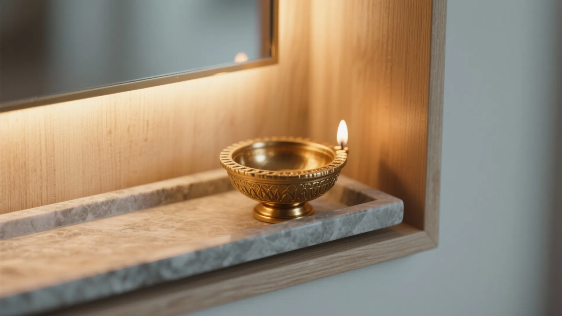 Macro of brushed brass diya reflecting warm LED light on a light oak panel and stone tray edge.