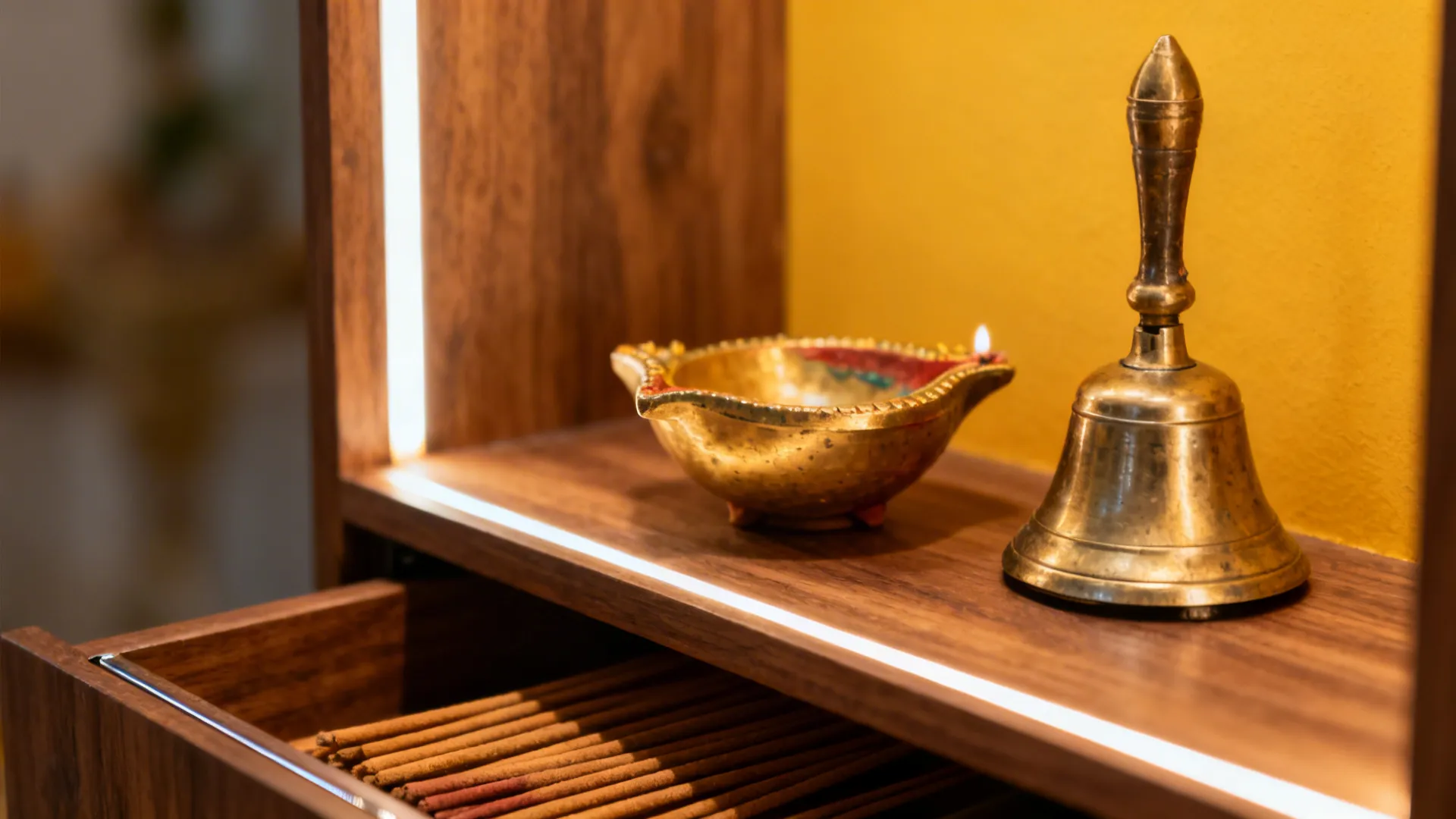 Macro of brass diya and bell on teak shelf with soft warm backlight.