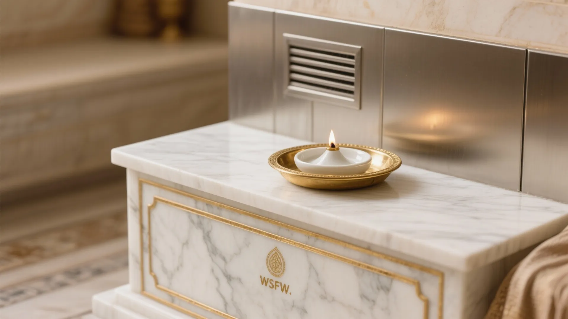 4) Elevated Marble Plinth with Brass Details and Fire-Safe Ritual Zone