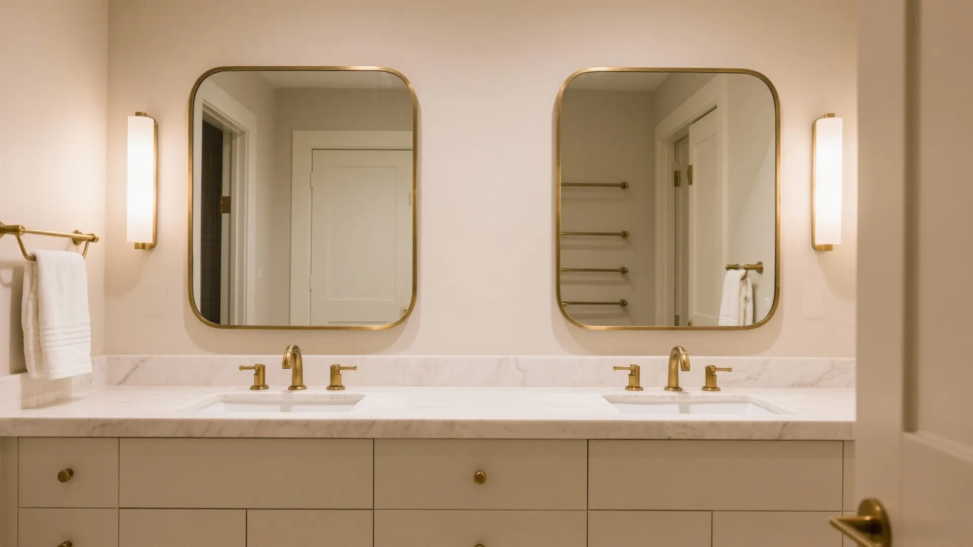 Modern bathroom vanity with two brass mirrors white marble countertop gold faucets and wall lights